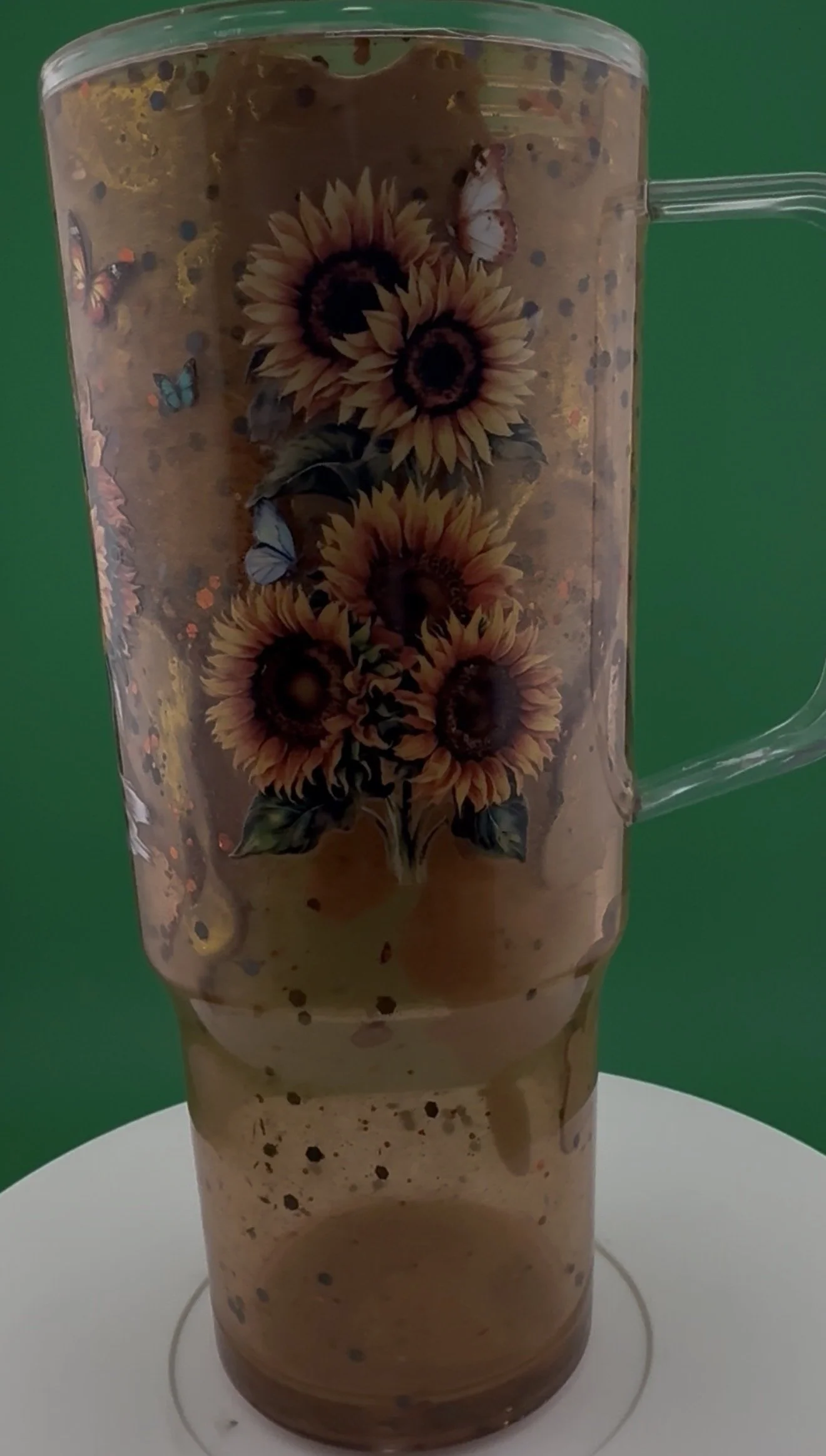 40oz Dual Lava Glitter Sunflowers Snow Globe Tumbler with Handle