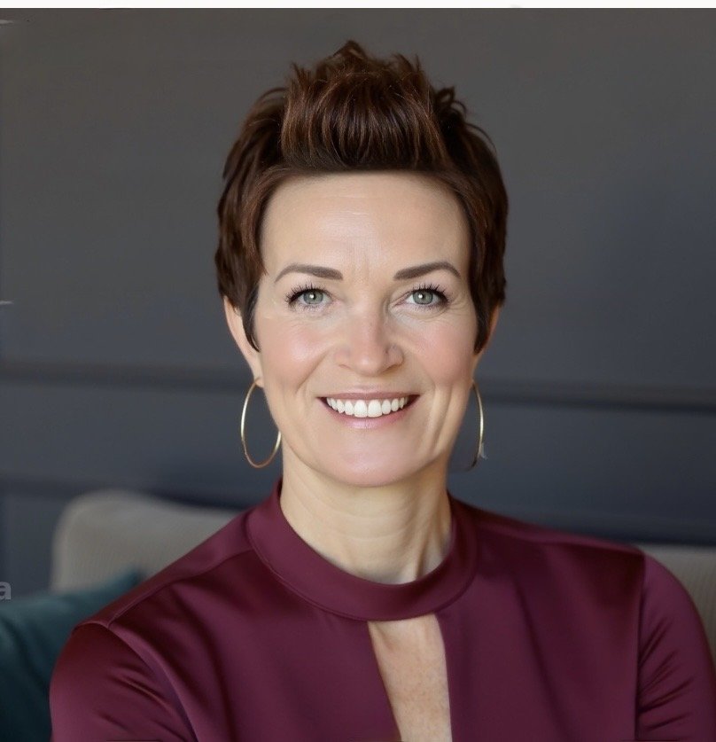 A smiling woman with short brown hair, wearing hoop earrings and a dark red top, sitting on a couch.