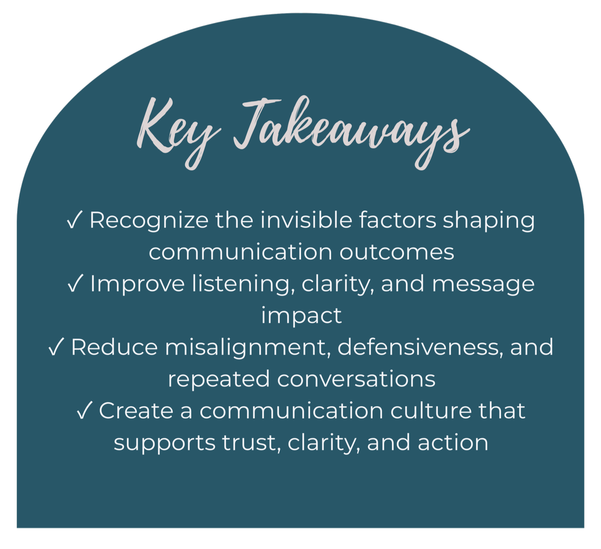 A teal-colored circular graphic with the title "Key Takeaways" and four bullet points about communication skills and understanding.