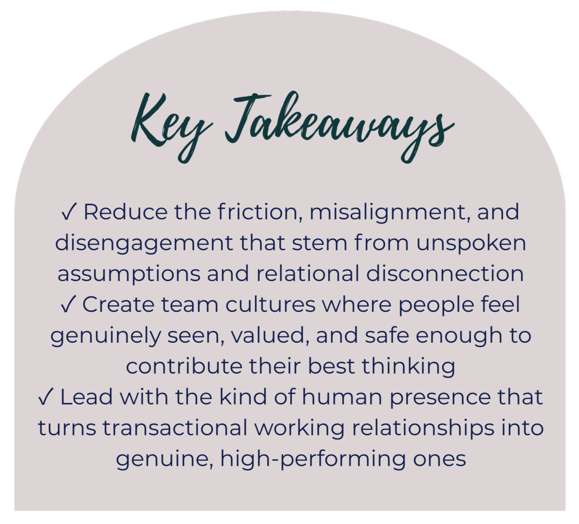 A slide titled 'Key Takeaways' with three bullet points on a greyish background. The points emphasize reducing friction and misalignment, creating positive team cultures, and leading with human presence for high-performance relationships.