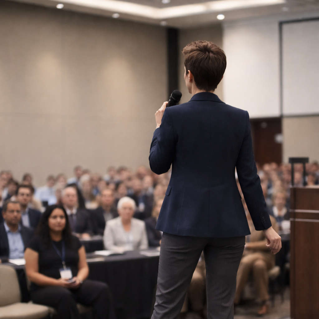 A woman in a navy blazer holding a microphone speaking to an audience in a conference room.
