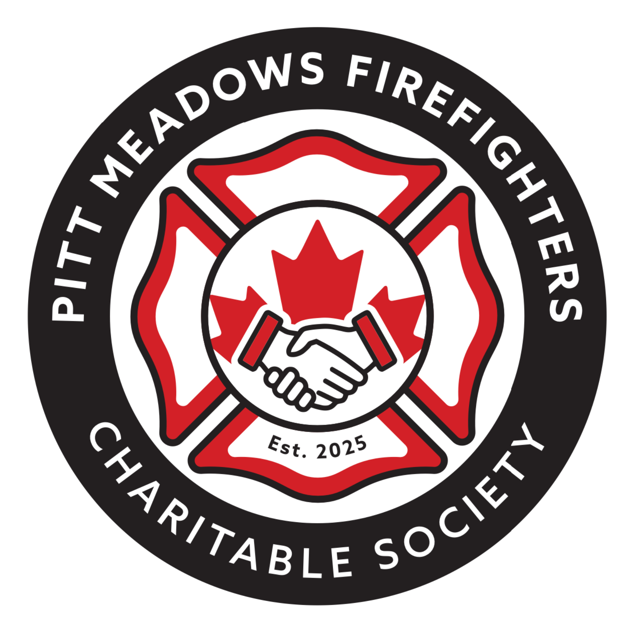 Logo of a firefighter organization, featuring a red fire helmet with a white star and handshake symbol, surrounded by the text "The Madows Firefighter" and "Established 2025."