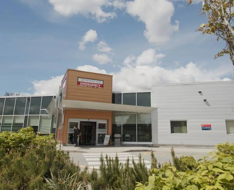 Modern hospital entrance with an emergency sign, glass doors, and surrounding greenery under a partly cloudy sky.