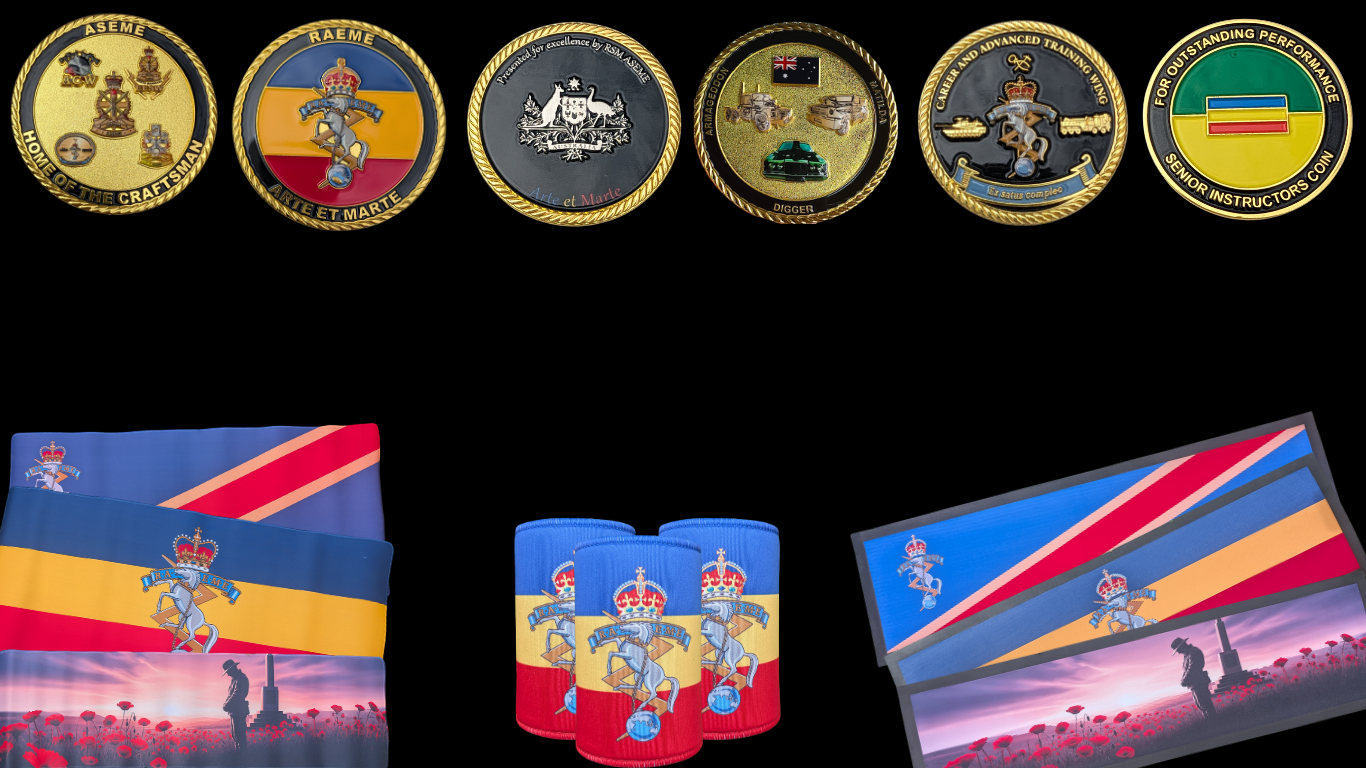 Displays military-themed medals, flags, wristbands, and plaques featuring the Royal Australian Electrical & Mechanical Engineers emblem and various badges.