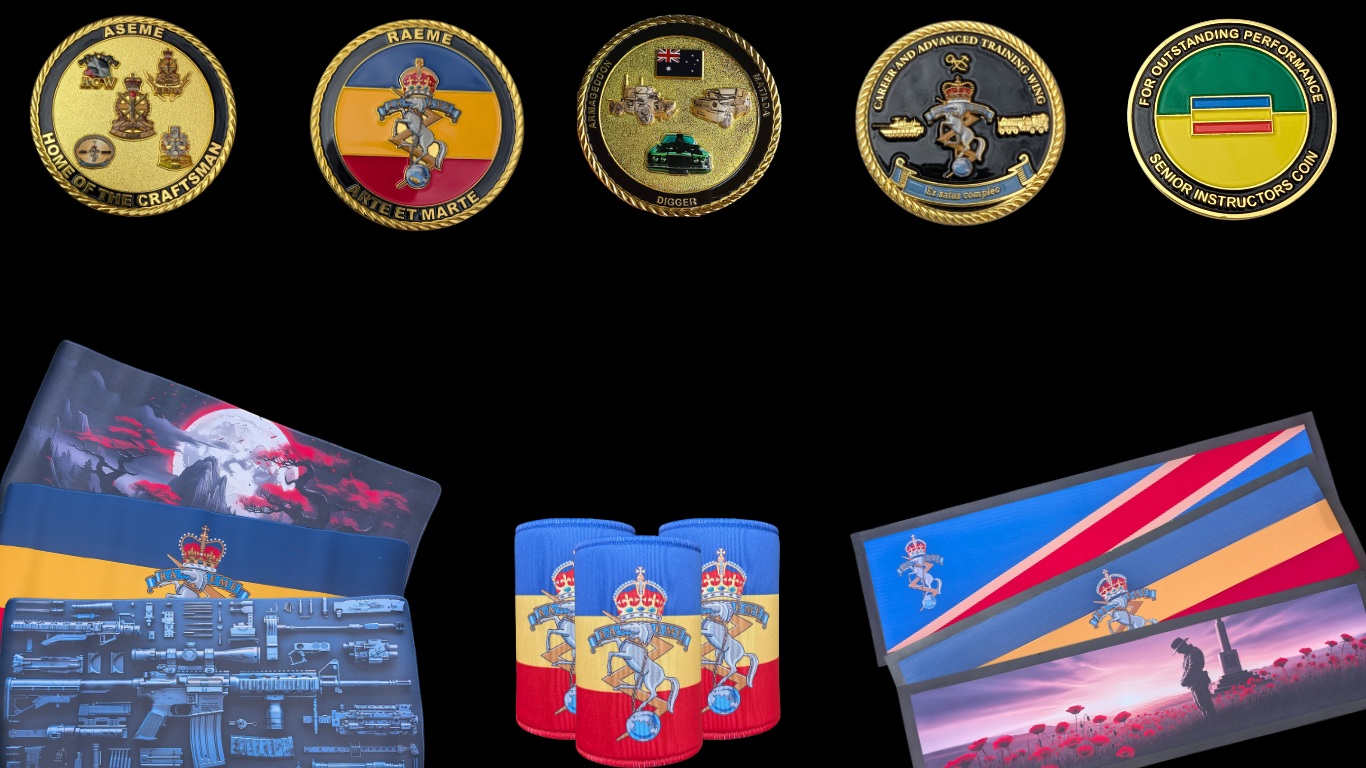 Collection of military challenge coins, along with RAEME themed merchandise including can coolers, stickers, flags, bar mats, desk mats and mini desk runners.