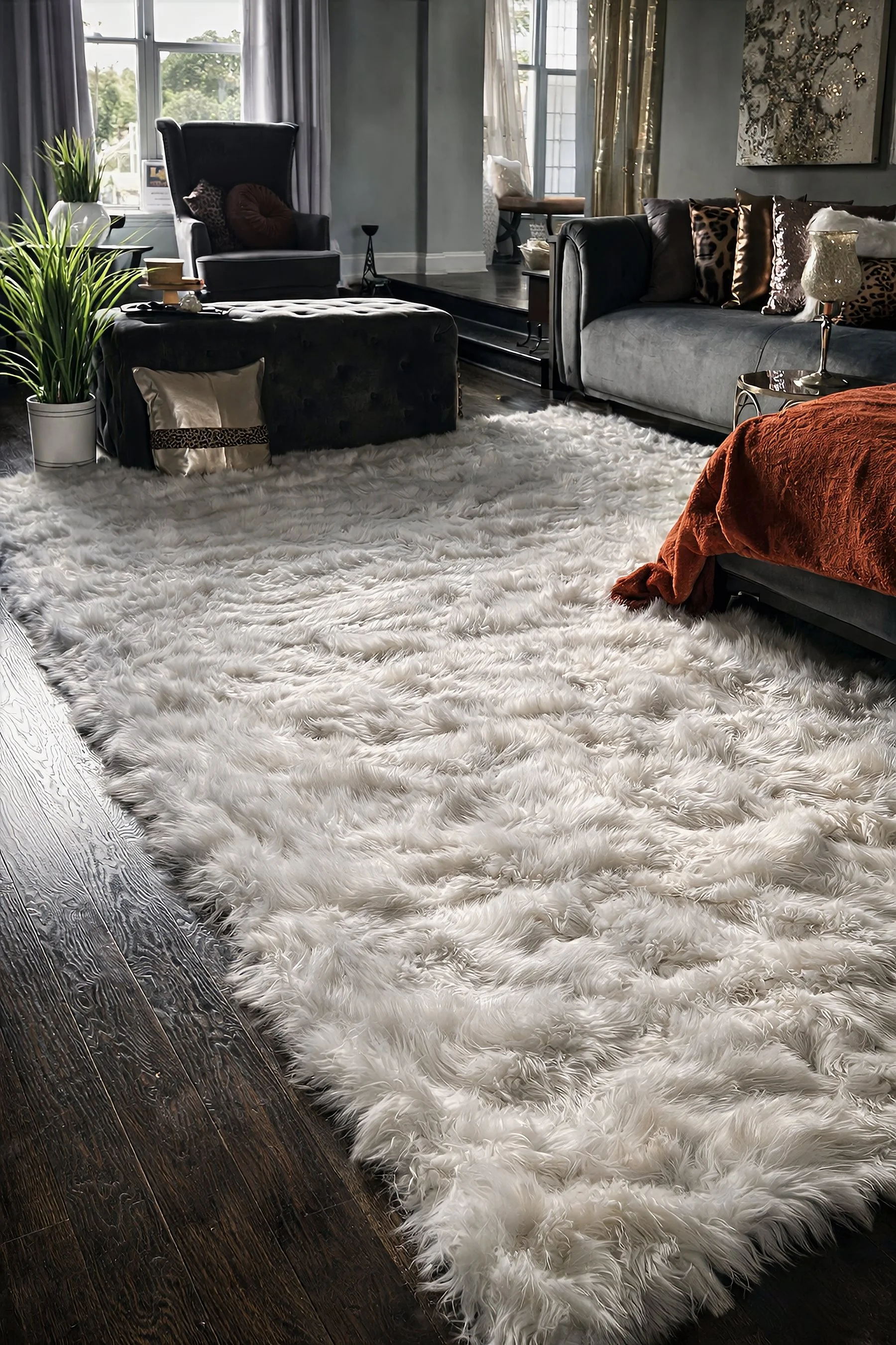 Soft faux fur rug styled in a warm, modern living space