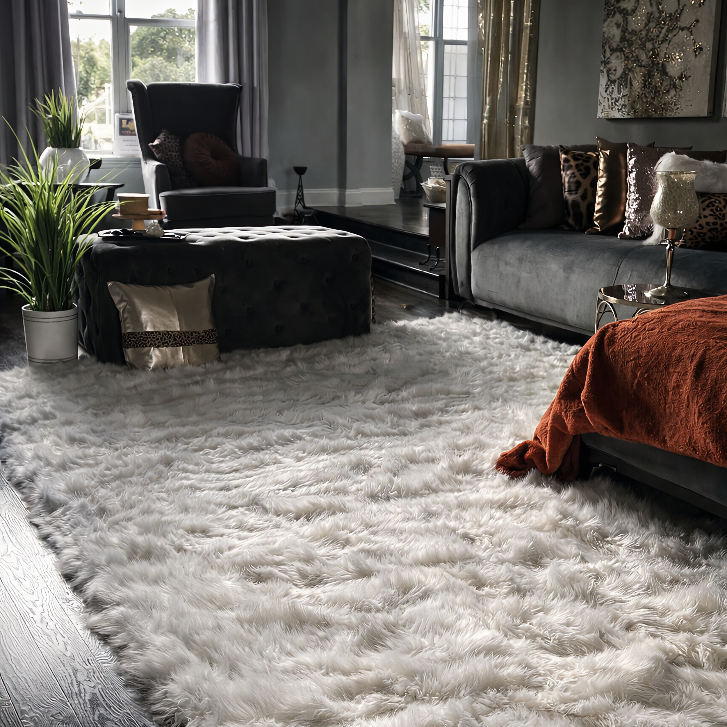 Soft faux fur rug styled in a warm, modern living space