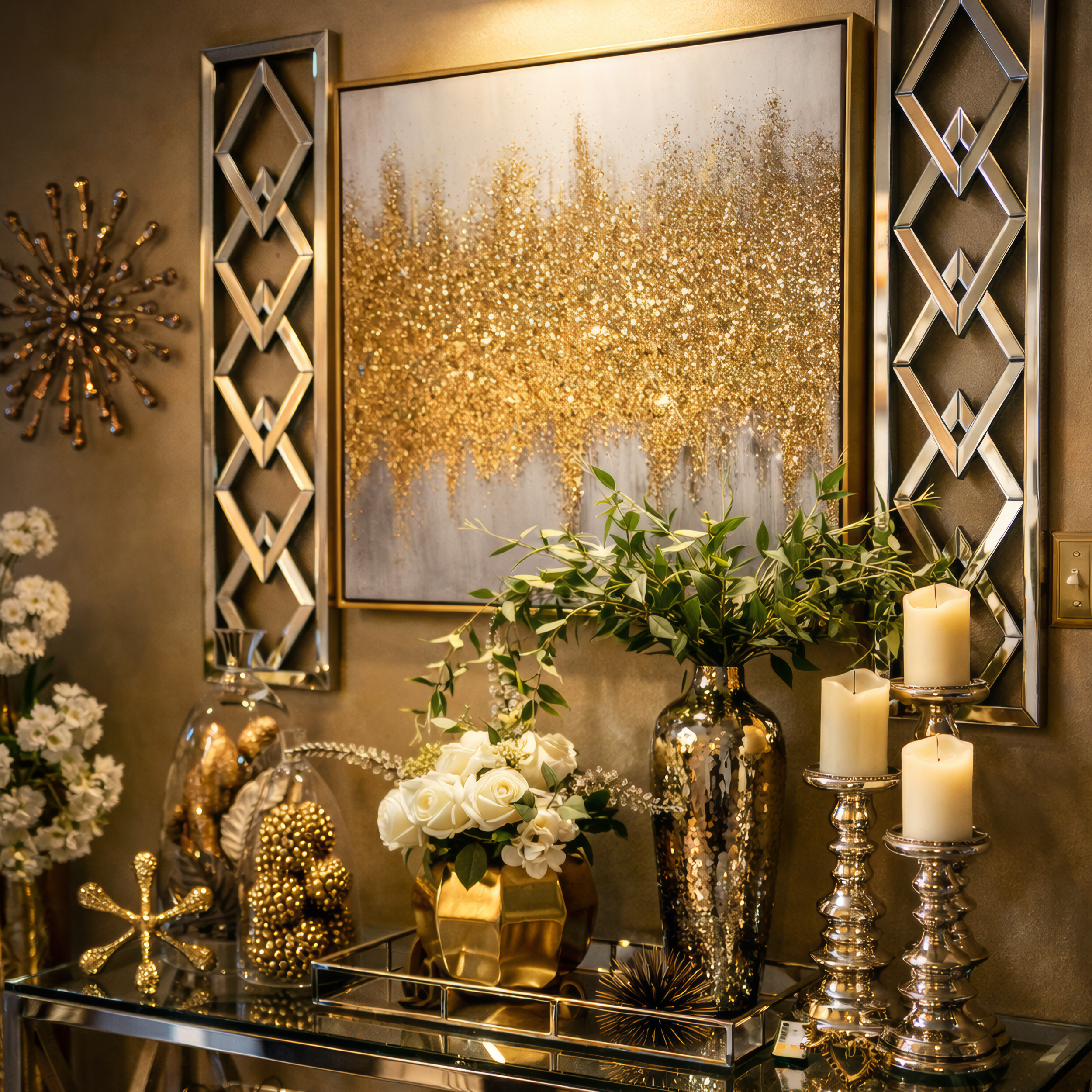 Metallic framed wall art with candles creating a warm interior accent