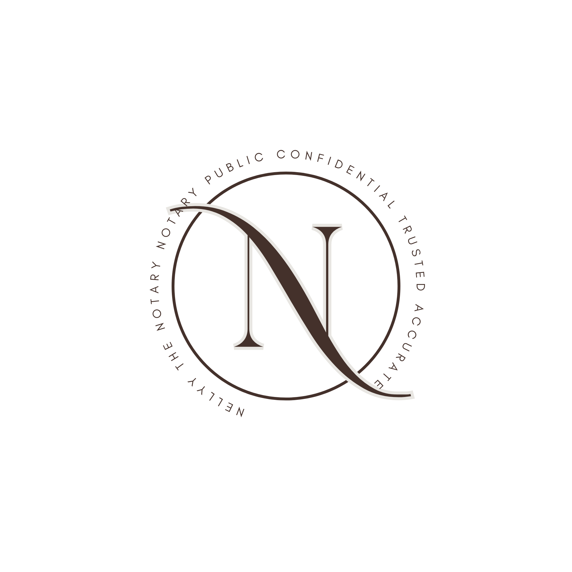 Elegant logo with a large stylized letter 'N' inside a circular border that reads 'The Notary Public Confidential Trusted Accredited.' The design uses a dark background with white and brown accents.
