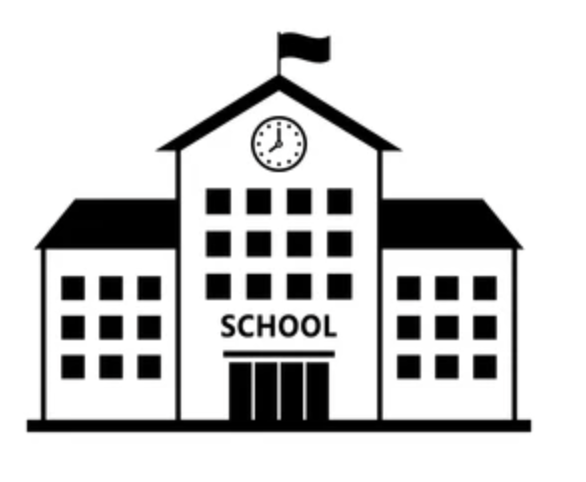 A black and white illustration of a school building with a clock, flag, and doors.