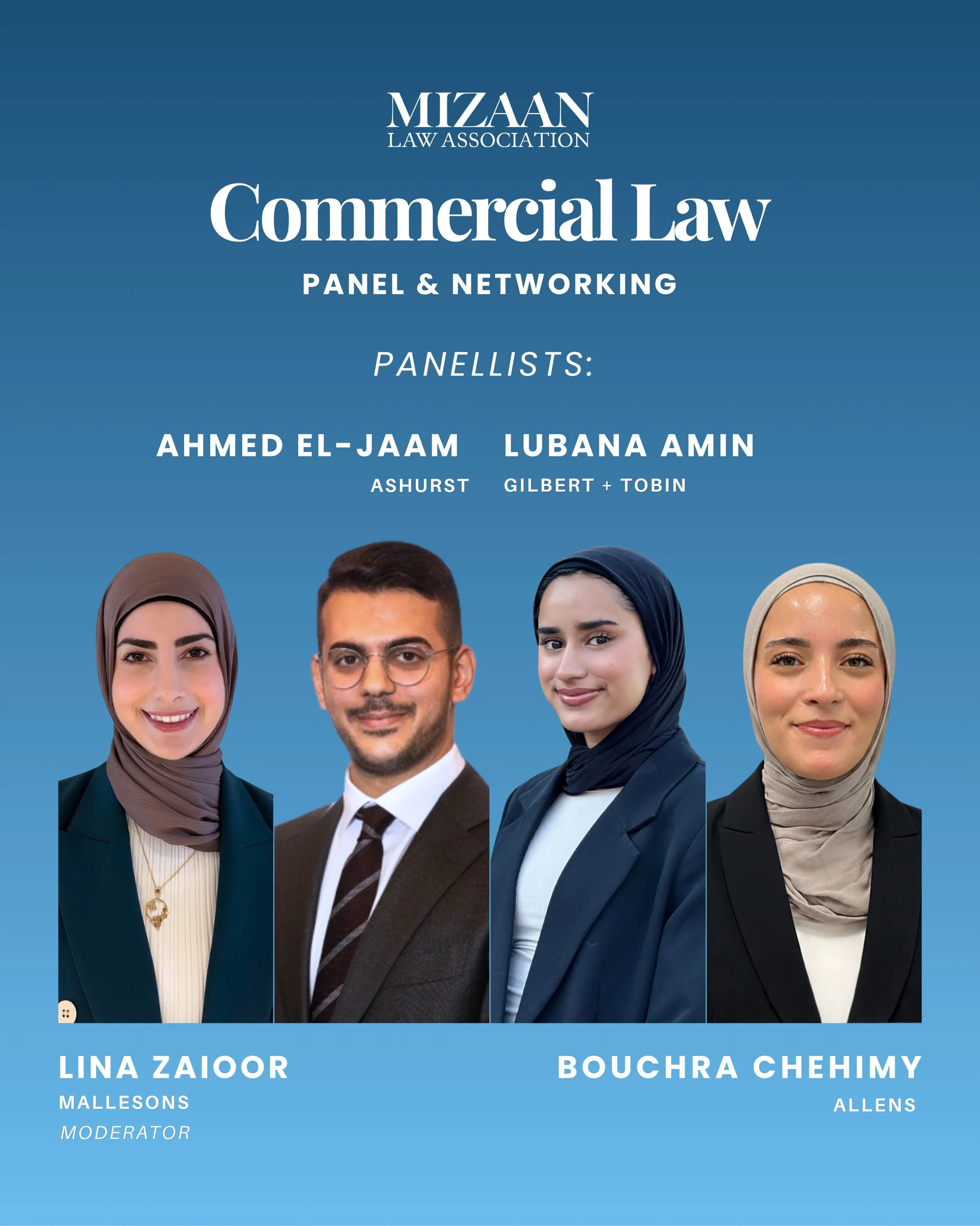 Surprise - Our panel is here!! 

Mizaan Law is proud to bring together an exceptional group of Muslim legal professionals for our Commercial Law in Practice: Panel &amp; Networking Evening.

👩&zwj;⚖️ Lina Zaioor (Mallesons)
👨&zwj;⚖️ Ahmed El-Jaam (