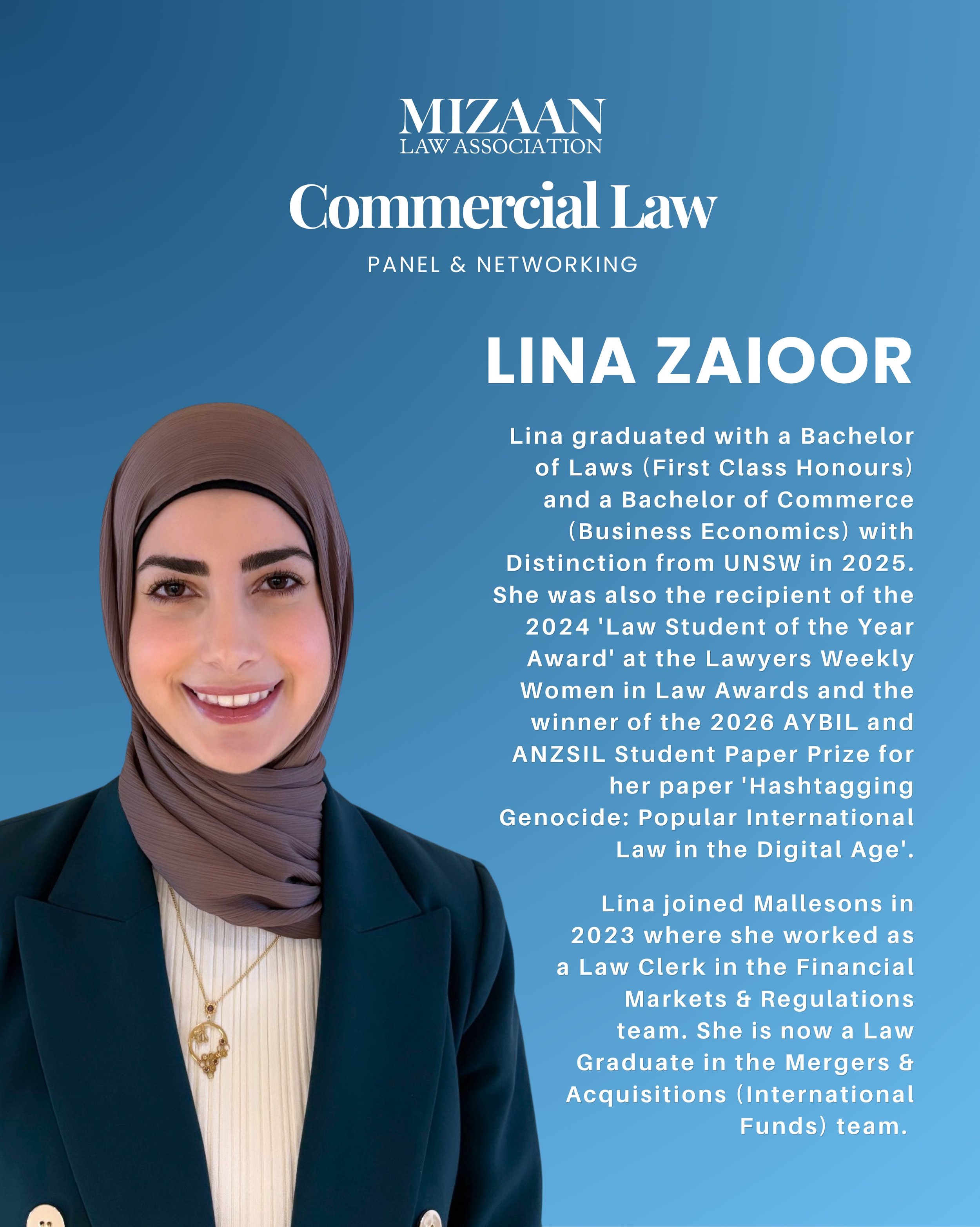Introducing our panellists for Mizaan Law Association&rsquo;s Commercial Law Panel &amp; Networking Night!!

Join us at UTS to hear from Muslim law students, graduates and practitioners across commercial law, with insights into clerkships, career pat