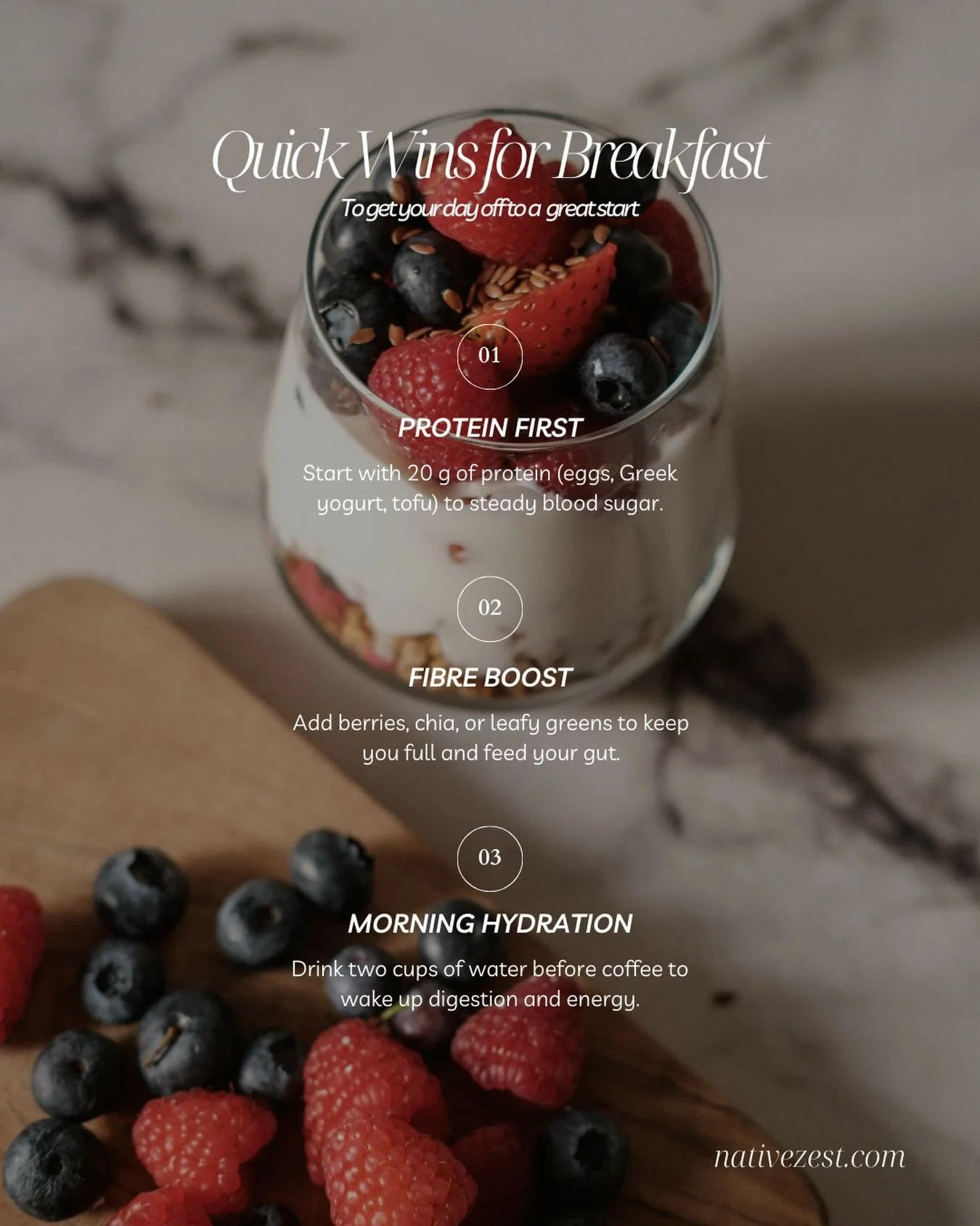 ✨3 simple tips to start your day right ✨

1. Protein first -  Start with 20g of protein (eggs, Greek yogurt, tofu) to steady blood sugar.

2. Fibre boost - Add berries, chia, or leafy greens to keep you full and feed your gut.

3. Morning hydration -
