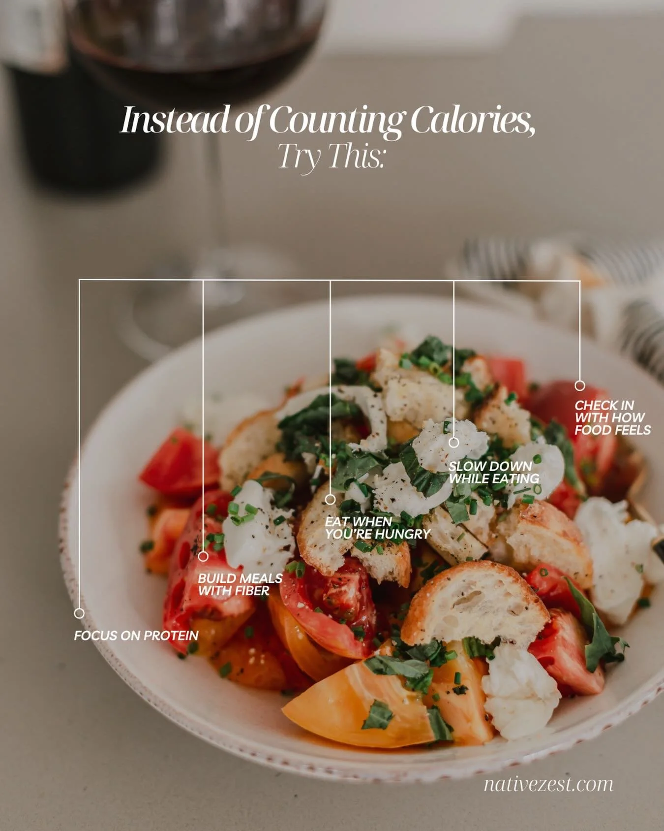 Instead of counting calories....try this.

✨Focus on nutrient density, instead of caloric restriction.✨

Focus on protein.
Build your meals with fiber.
Eat when you&rsquo;re hungry.
Slow down while you eat.
Notice how food feels in your body.

Becaus