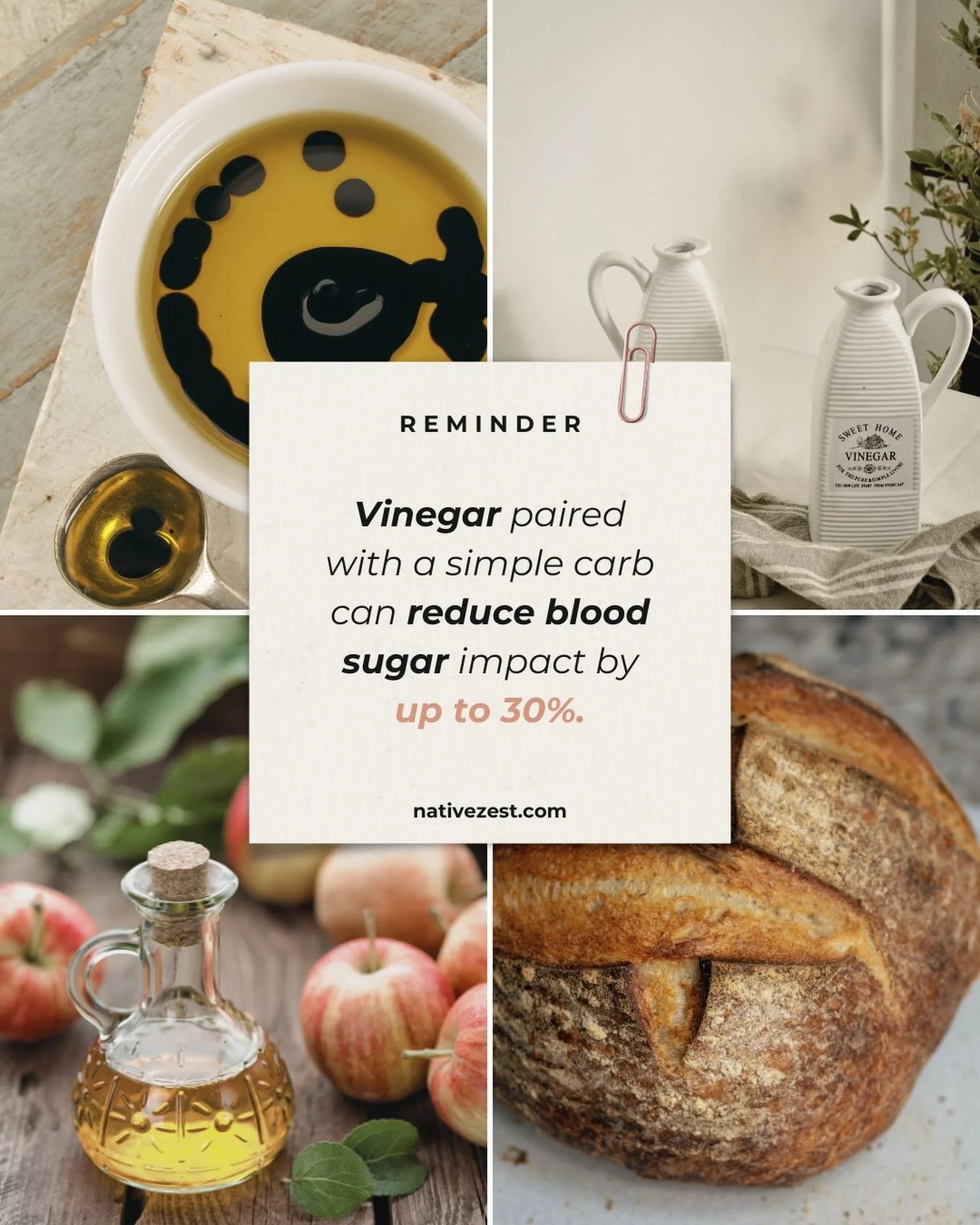 If you&rsquo;re working on blood sugar balance, this is such a simple (and affordable) tool to keep in your back pocket.

Research shows that consuming vinegar with a high-carbohydrate meal can reduce the post-meal blood sugar spike by up to 30%. 🙌
