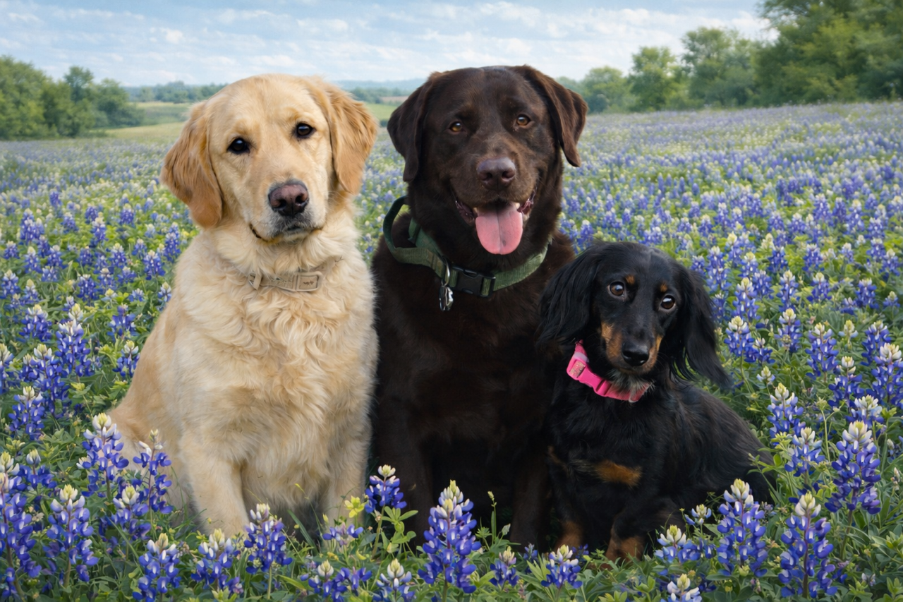 Three dogs sitting in a field of bluebonnet flowers with green trees and blue sky in the background.