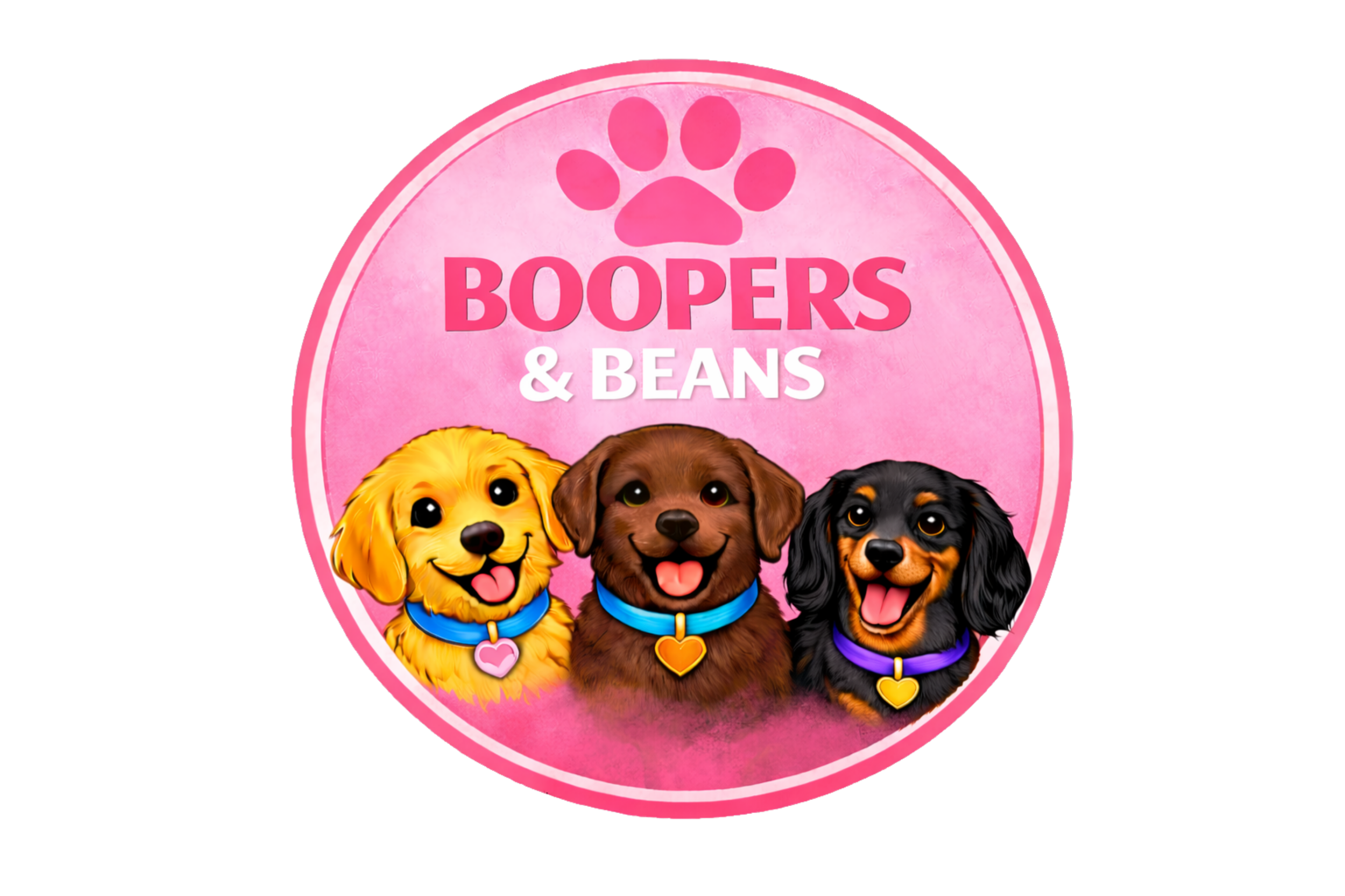 Pink circular logo with a paw print at the top and the text 'BOOPERS & BEANS' below. Features three cartoon dogs with different fur colors and sizes, each wearing a collar with a heart-shaped tag.