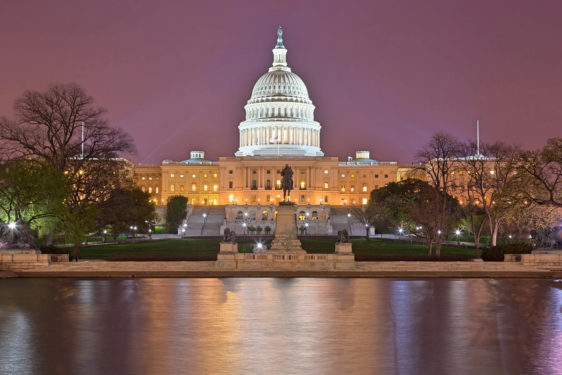 Night view of the United States Capitol building illuminated, with trees and sculptures in the foreground, and reflects on the water.