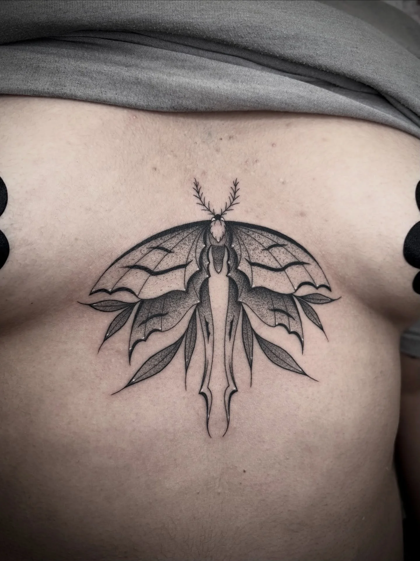 got to tattoo another moth from my flashes 🖤 thank you so much lourdes! 🕸️🍃 more available flash in my highlights! link in bio to book/inquire :)