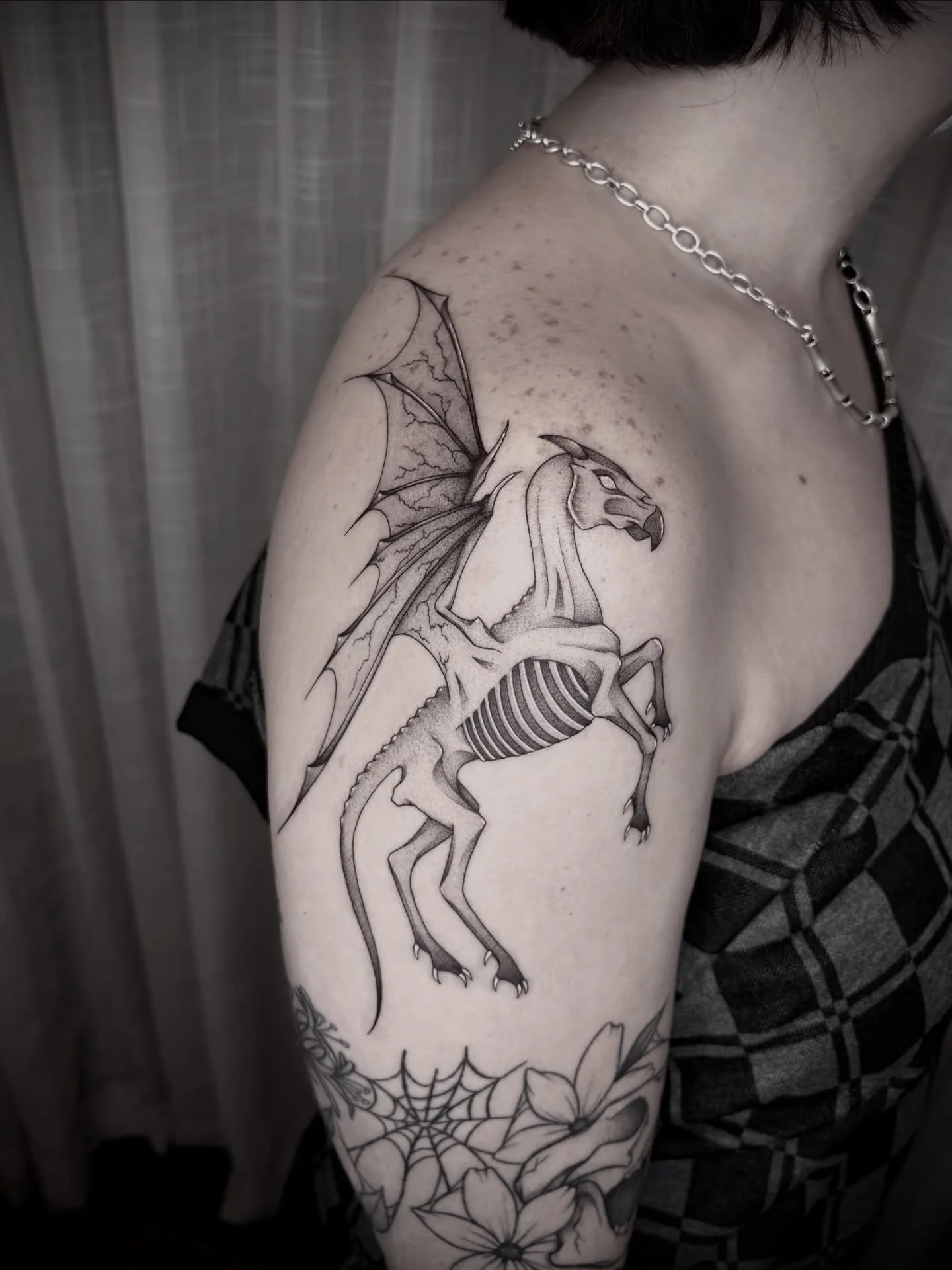 THESTRAL 🦇 I had so much fun doing this tattoo, thank you so much ashley! link in bio to inquire/book 🕸️🖤