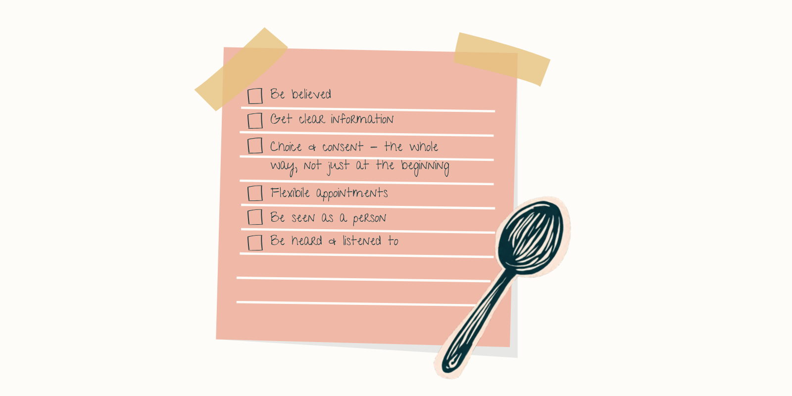 A hand-drawn sticky note with six tick boxes and a spoon overlaying the corner