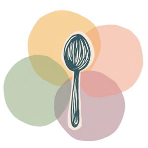 Hand-drawn illustration of a spoon with four overlapping circles in pastel colours behind it.