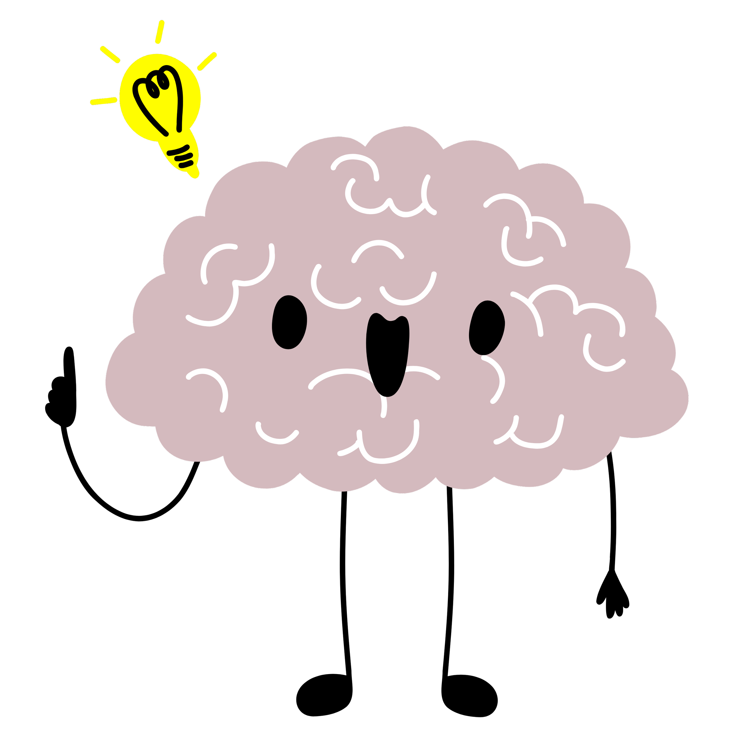 An illustration of a human brain with a happy expression, large black eyes, open mouth, and a light bulb floating above it.