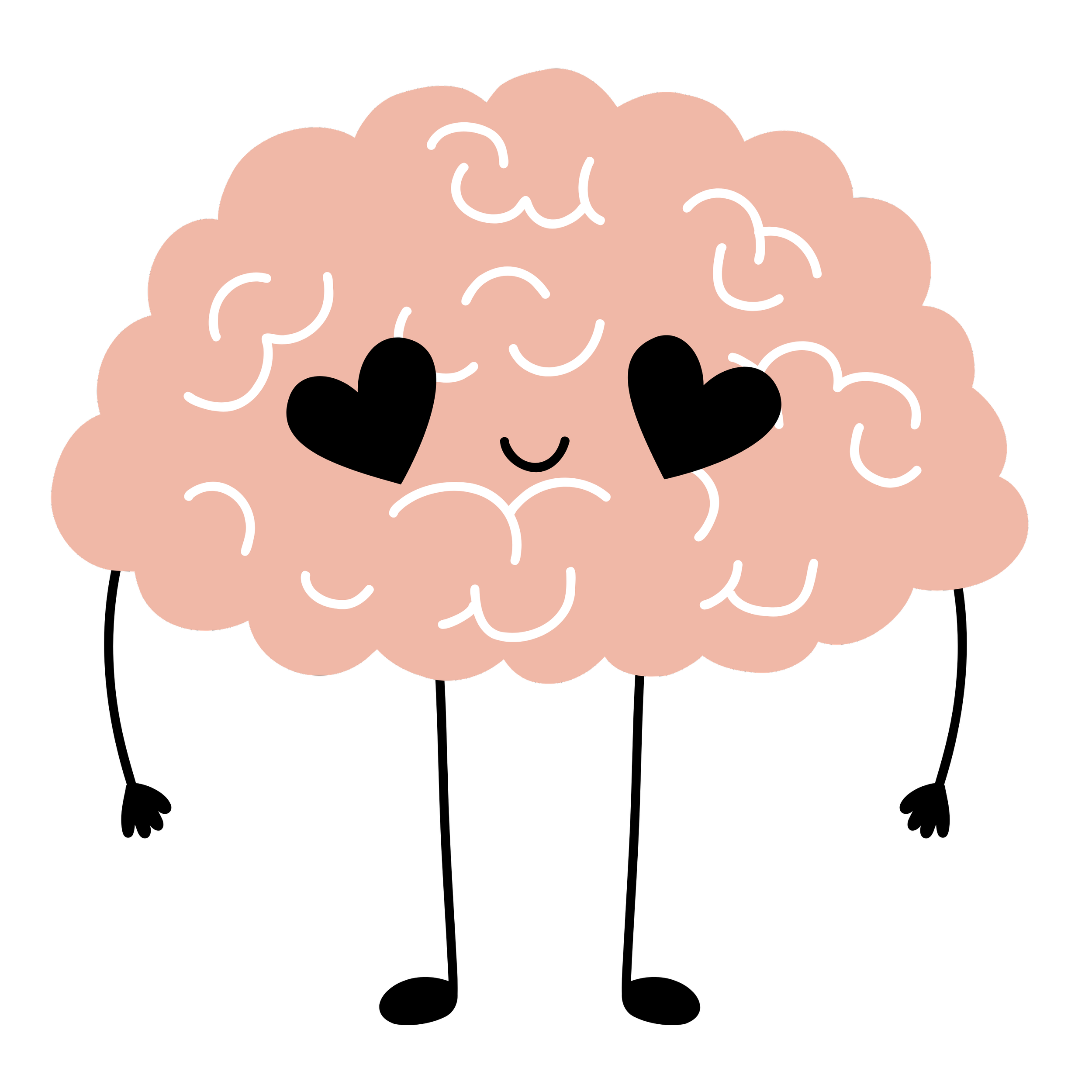 Cute cartoon illustration of a brain with black heart-shaped eyes, and a small smiling mouth.