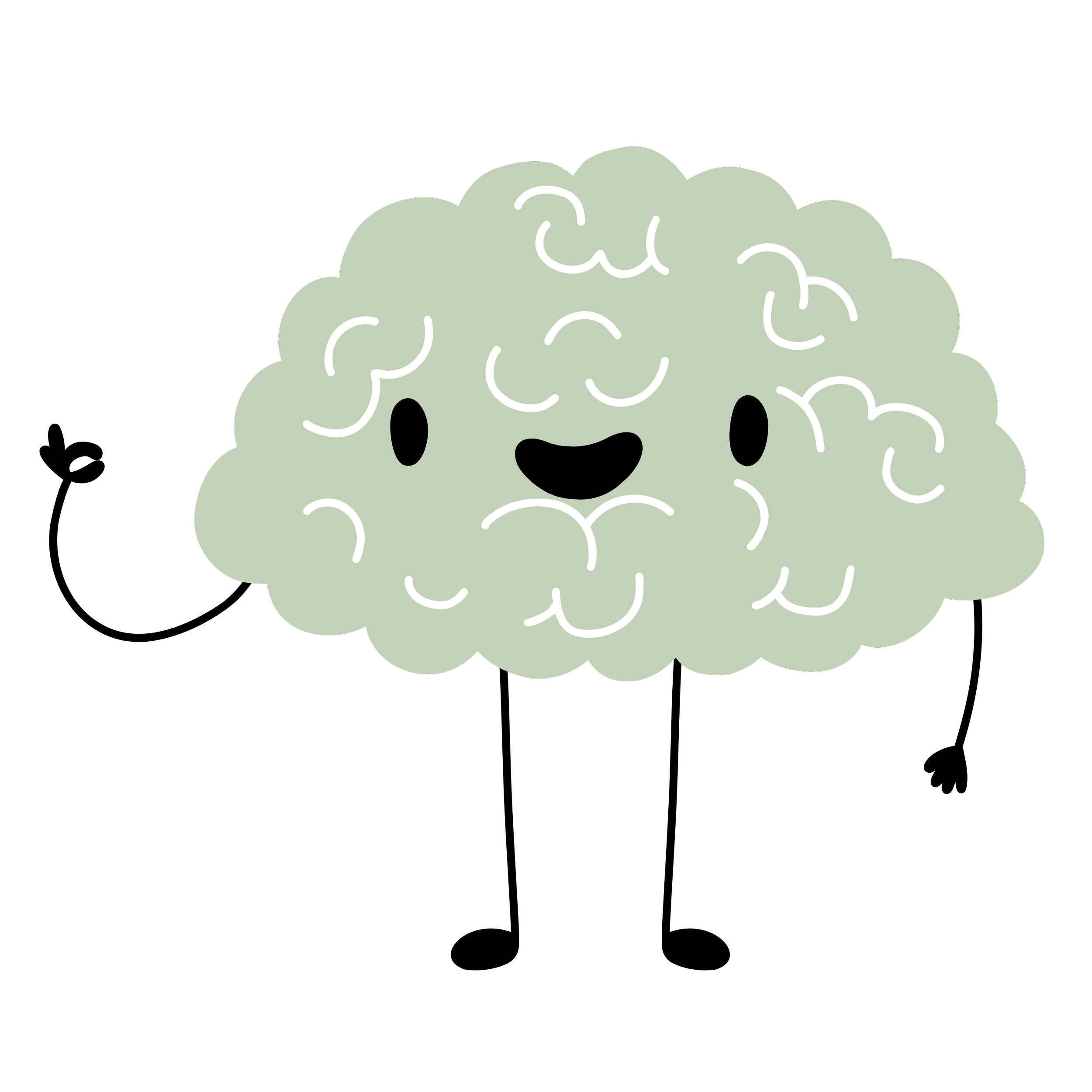 A cute cartoon illustration of a human brain with a smiling face and big black eyes.