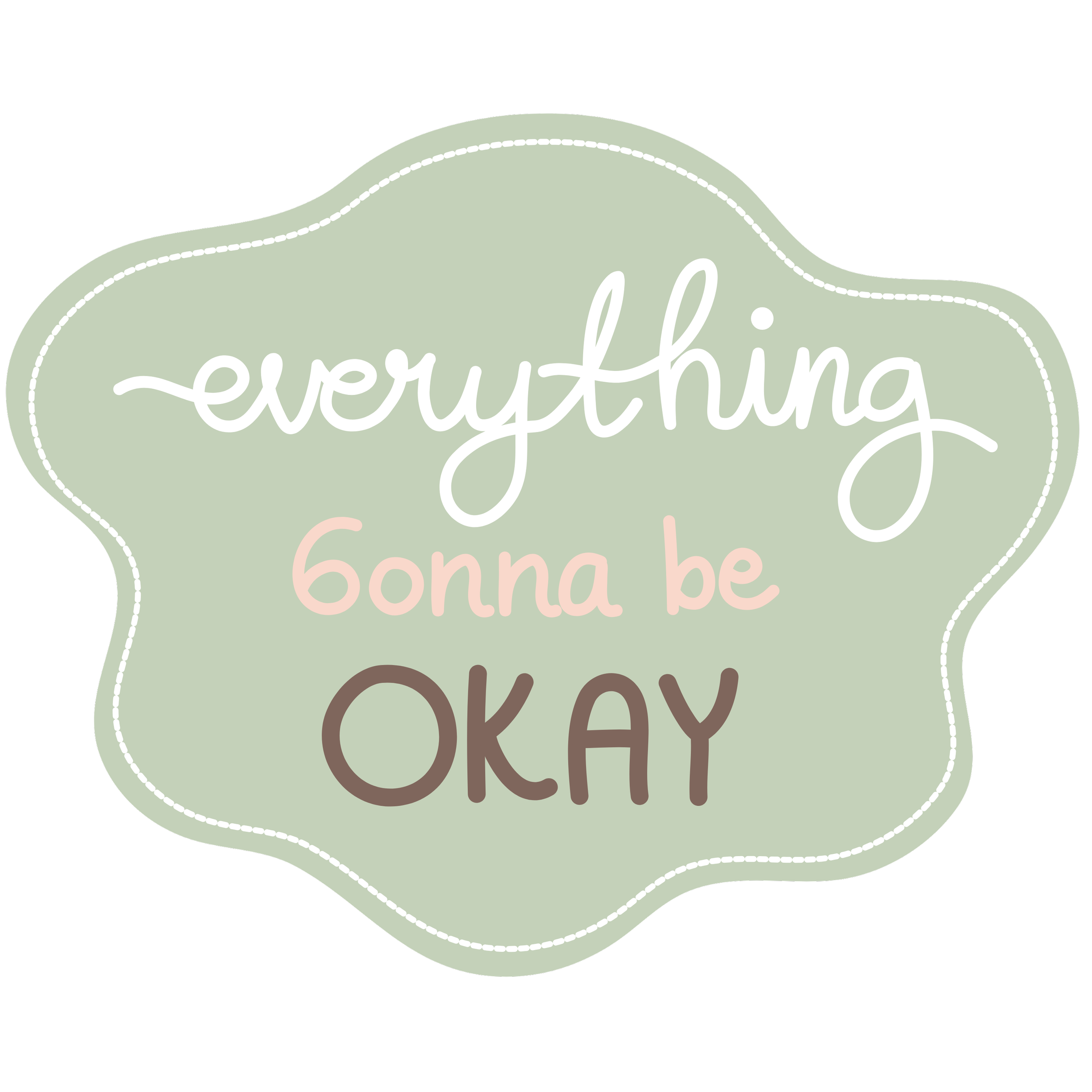 Decorative sign with the words "everything going to be okay" in white and pink lettering on a green background with a wavy shape.