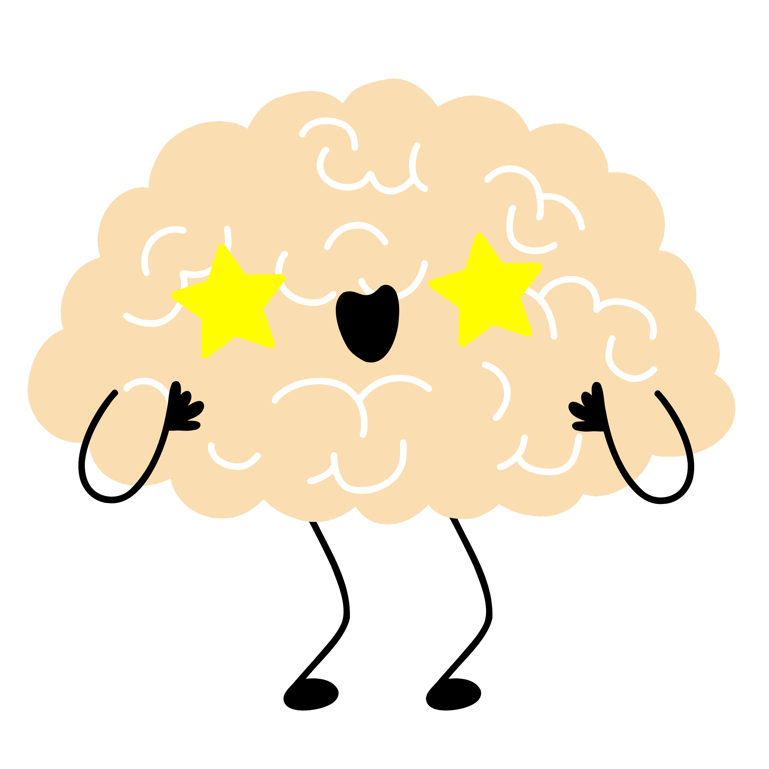 A cartoon illustration of a human brain with a smiling face, yellow stars on ears, and black legs.