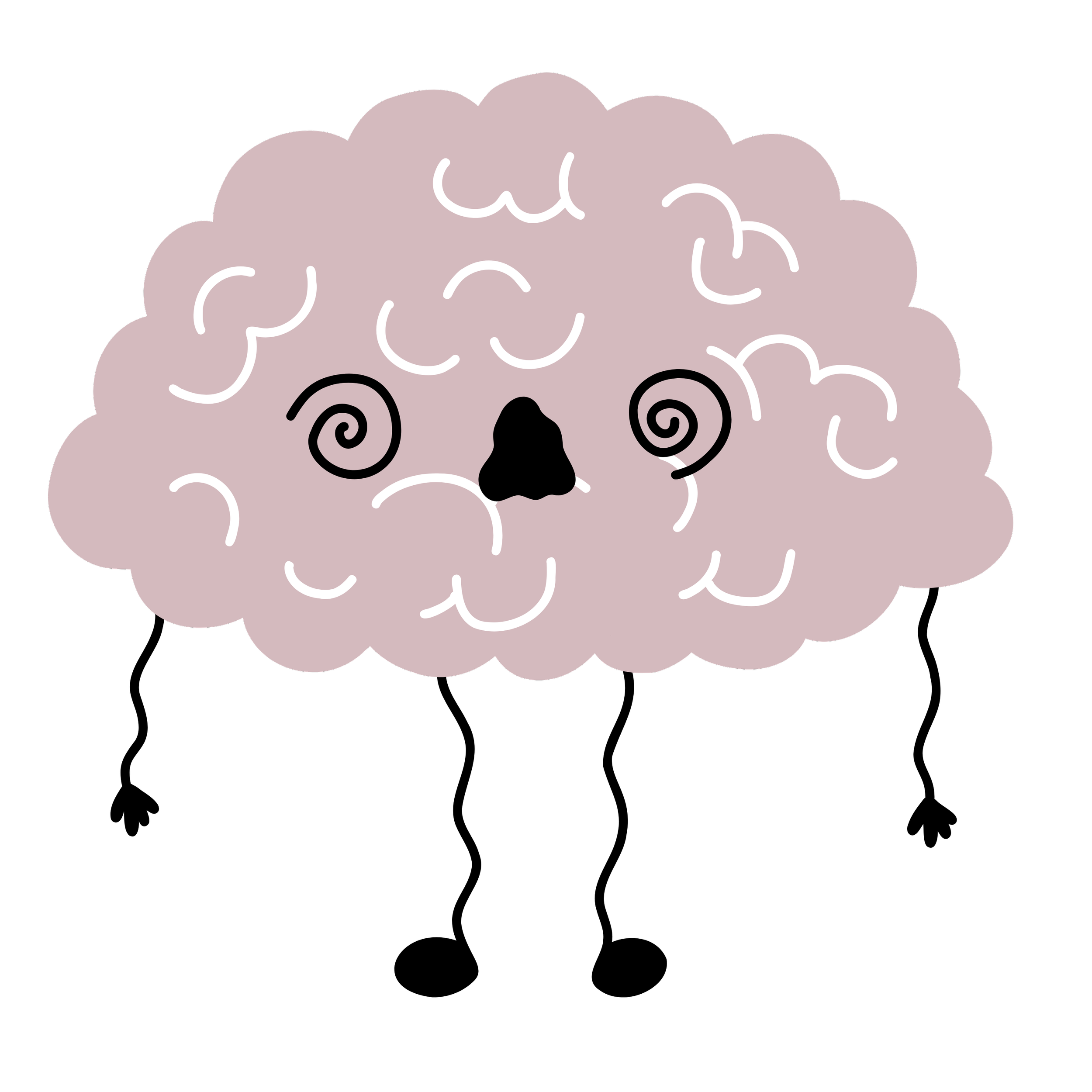 Cartoon illustration of a human brain with swirly eyes and a big nose.