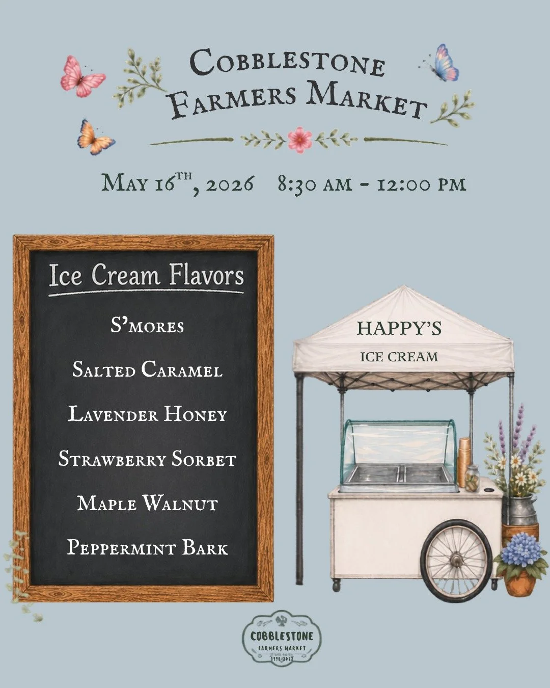 🔥 Introducing S'mores, your favorite campfire flavor!

Made with rich chocolate ice cream, swirls of handmade marshmallow fluff, and crunchy graham cracker pieces.

Try a scoop at the Cobblestone Farmers Market tomorrow from 8:30 am to 12 pm!