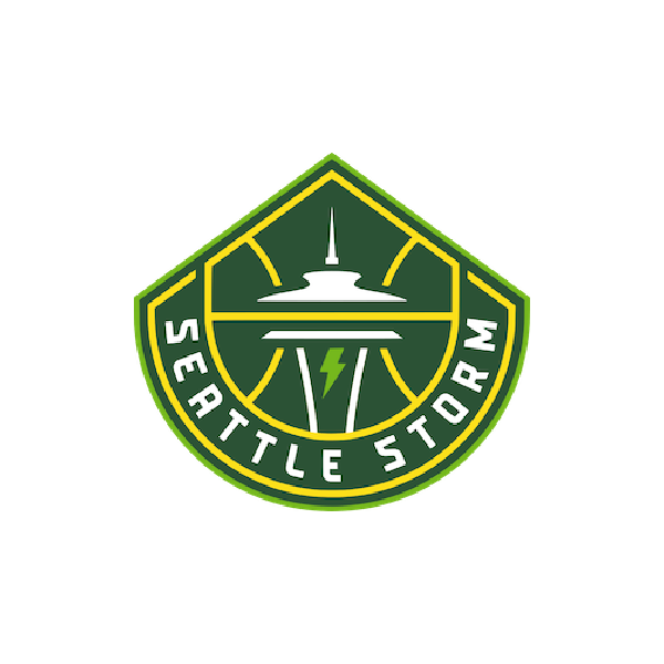 Seattle Storm logo featuring a green and yellow shield with a stylized space needle