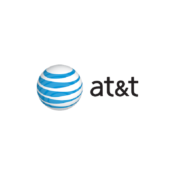 AT&T logo with a blue and white striped globe icon next to the company name in black lowercase letters.