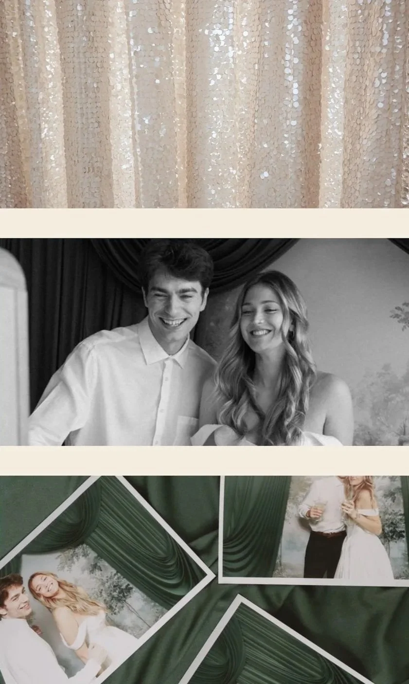 beige sequin curtain backdrop, image of bride and groom smilingat the photo booth