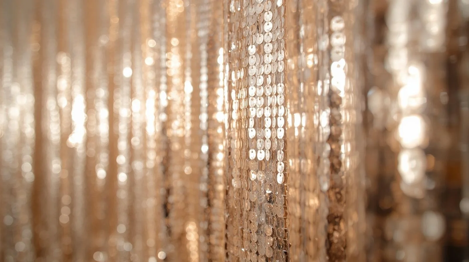 Close-up of hanging gold sequins creating a shimmering curtain.