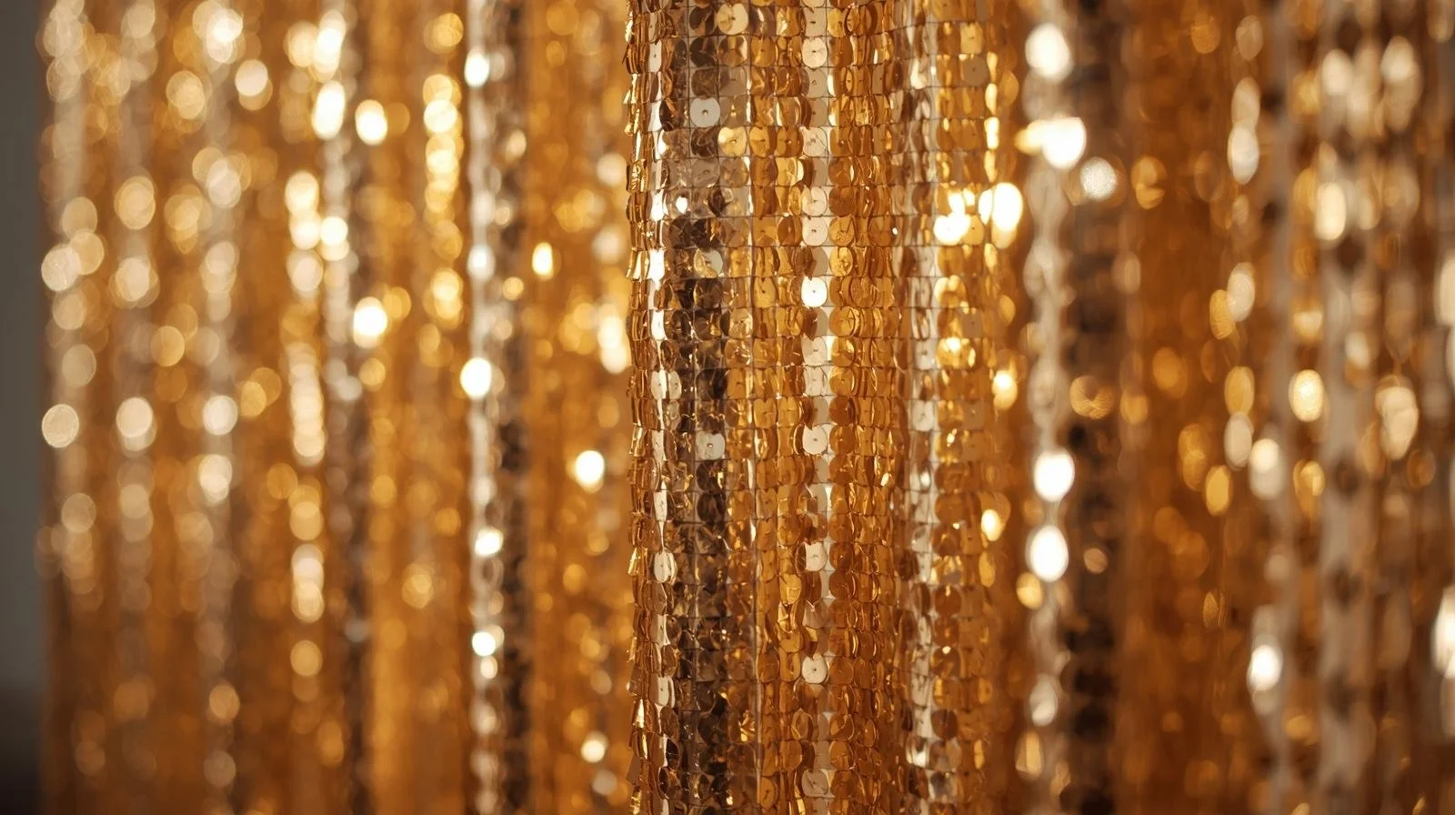 Close-up of shimmering gold sequins hanging in vertical strands, creating a sparkling, decorative curtain.