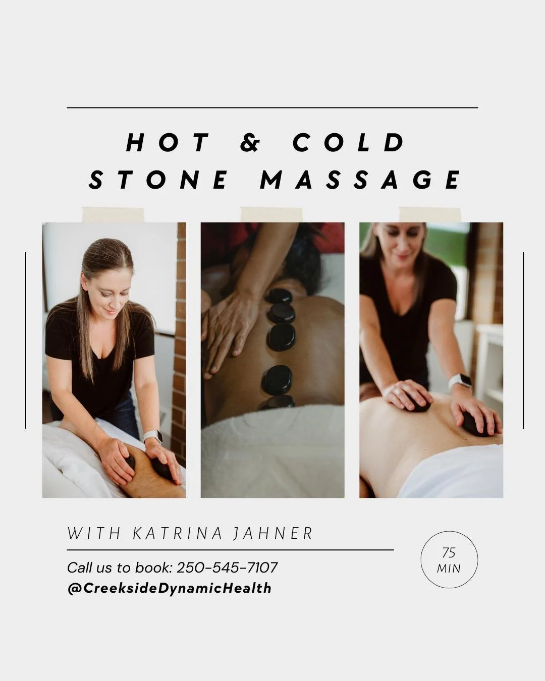 Does your discomfort have you feeling stuck between a rock and a hard place? One of our massage therapists offers a hot and cold stone massage to help alleviate stress, strains, and soreness. 

Book in for this type of treatment with Katrina by calli