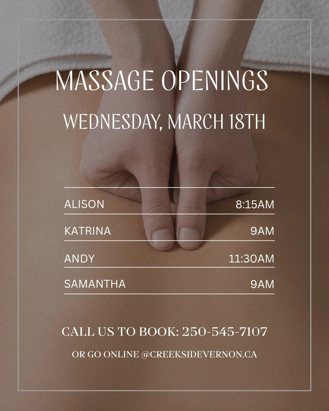 We have massage openings! Tomorrow, March 18th⭐
Call us to book while they're still available: 250-545-7107
