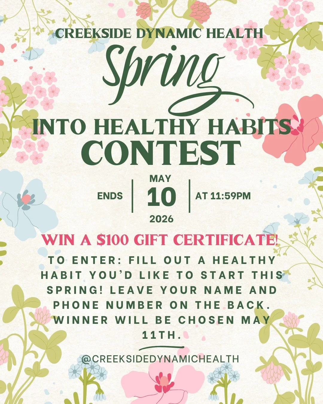 It&rsquo;s time to Spring into Healthy Habits! 🌸💪🌼
Enter our contest the next time you're in clinic and you'll be entered to win a $100 gift certificate. Winner will be announced on May 11th!