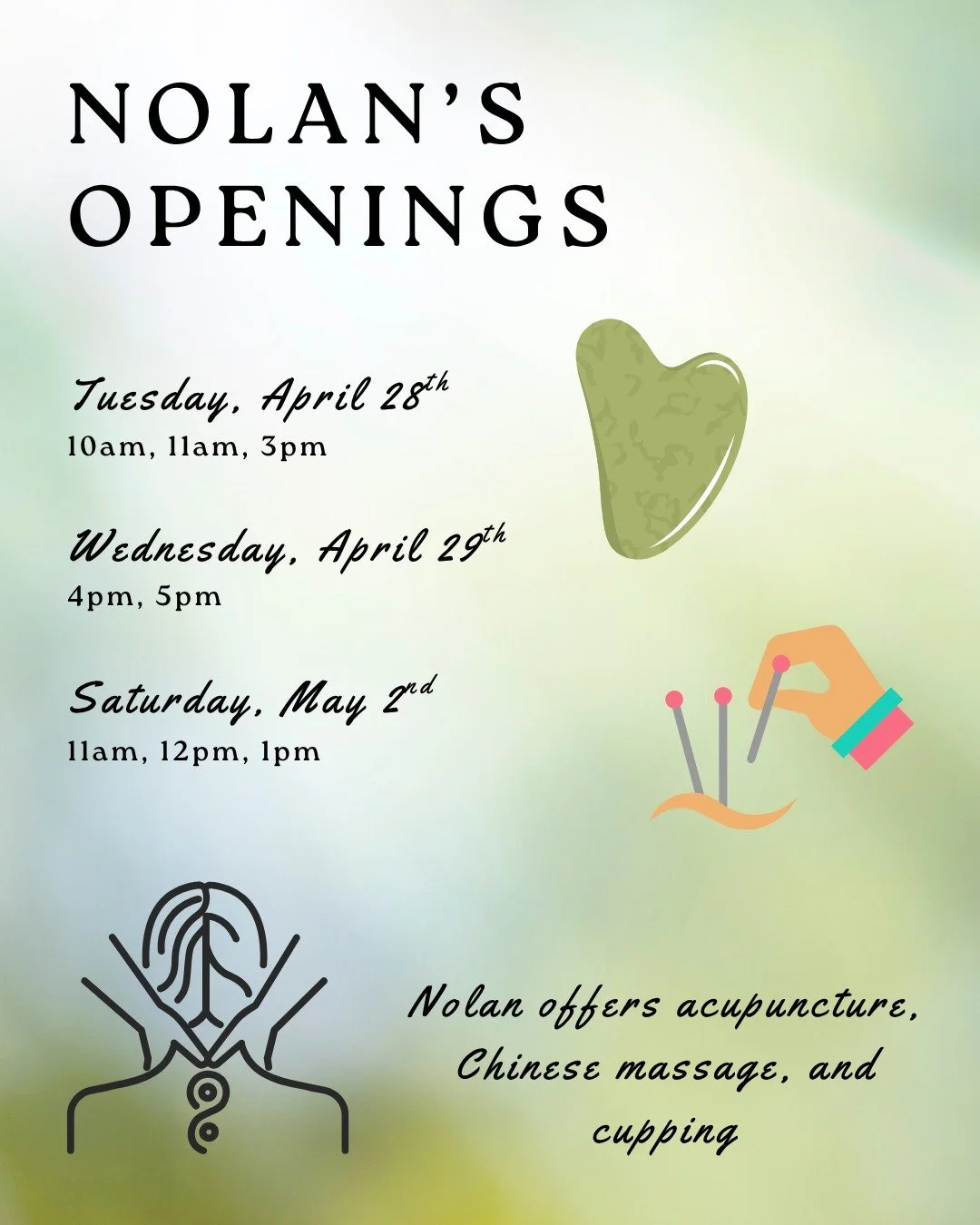 Upcoming Openings with Nolan Janke, Acupuncturist 🧘&zwj;♀️🧩
Call us: 250-545-7107
Book online: @CreeksideVernon.ca