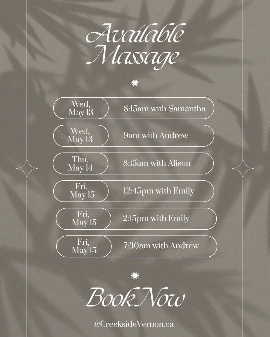 We have massage availability! Take a look below at our massage openings for this coming week. You can call us to book an appointment or go online if you'd prefer.

📞250-545-7107
@CreeksideVernon.ca