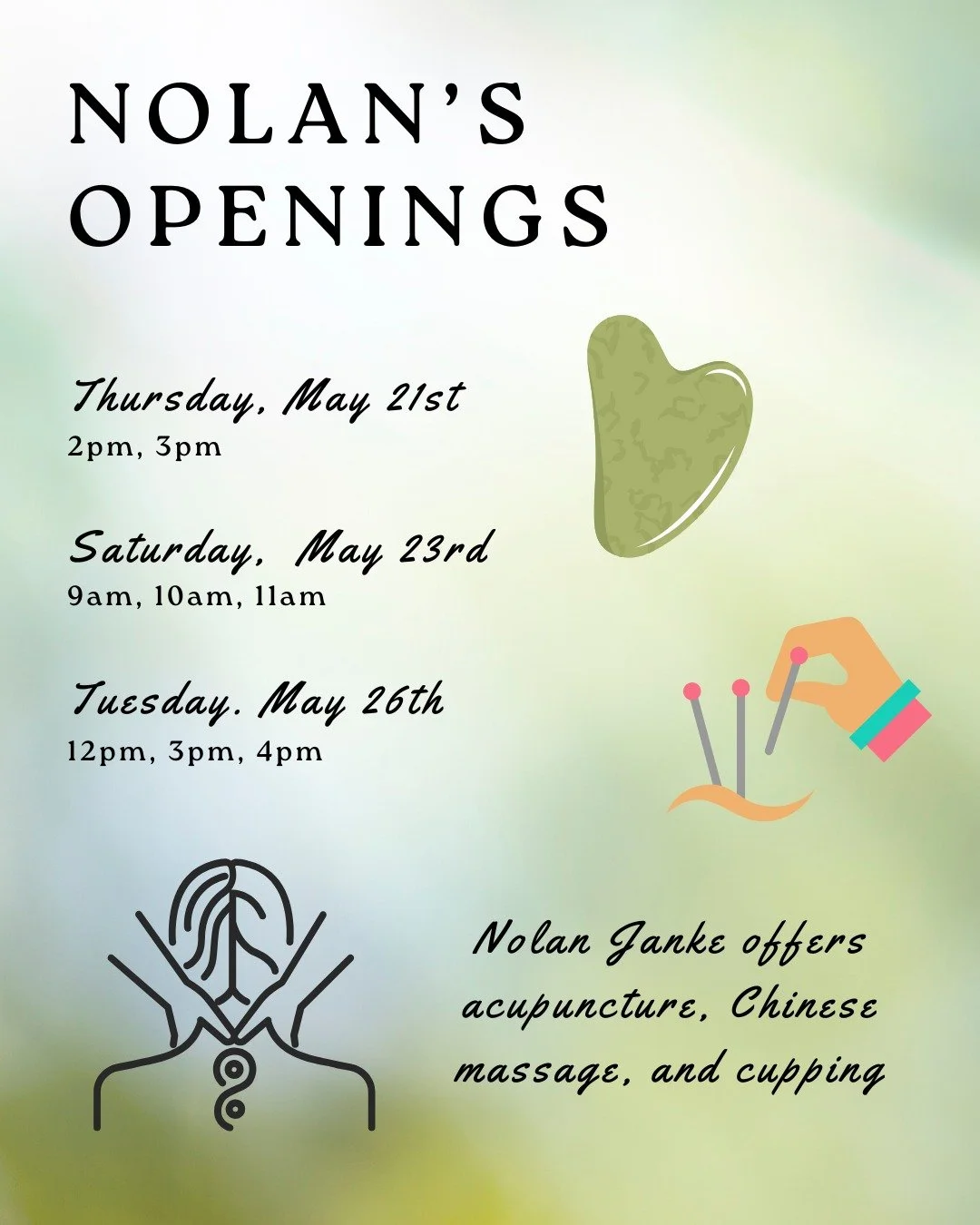 Upcoming Openings with Nolan Janke, Acupuncturist

☎️250-545-7107
📧CreeksideVernon.ca
