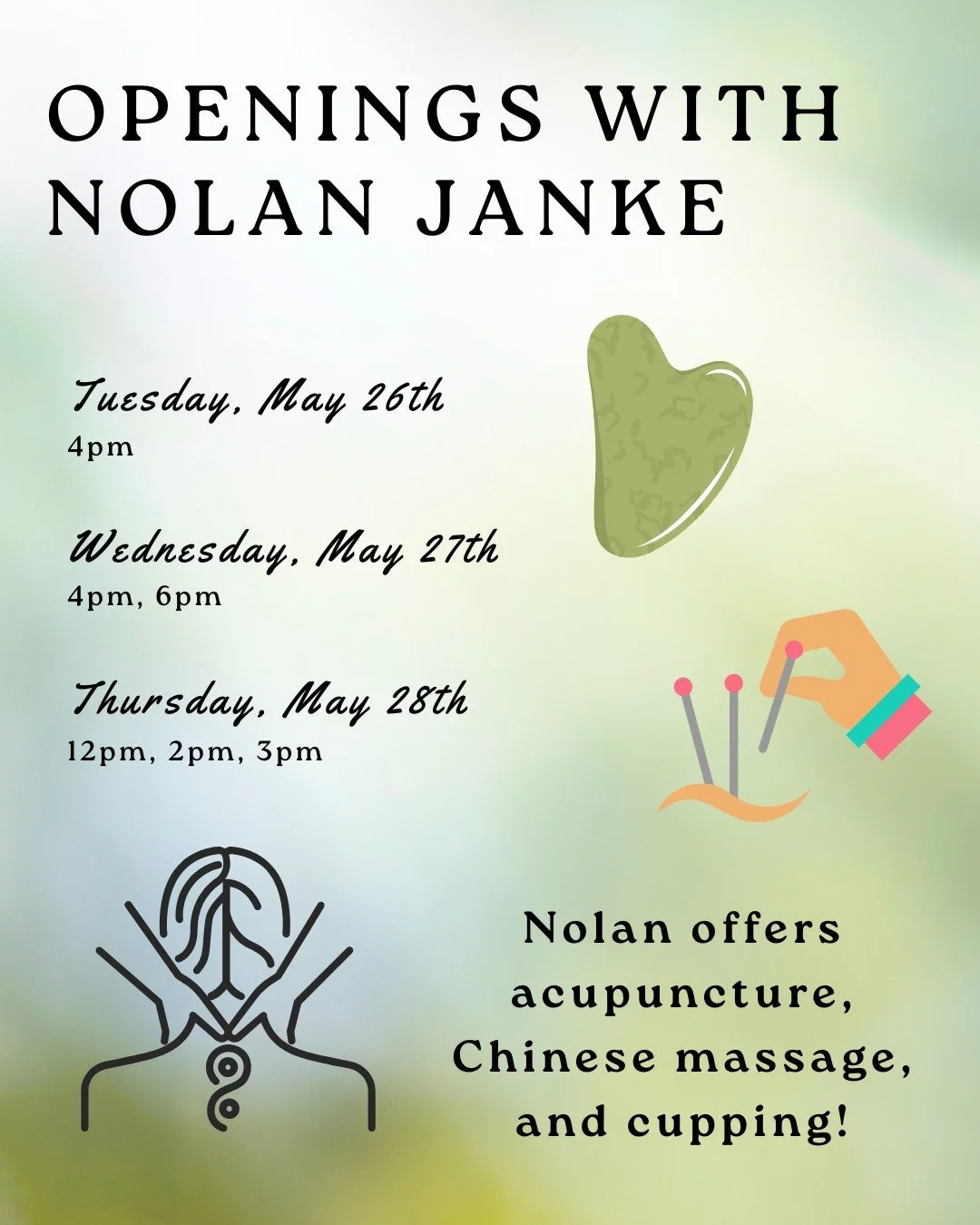 Upcoming Openings with Nolan Janke, Acupuncturist

Call us today to book in! Or you can go online @CreeksideVernon.ca 
☎️250-545-7107