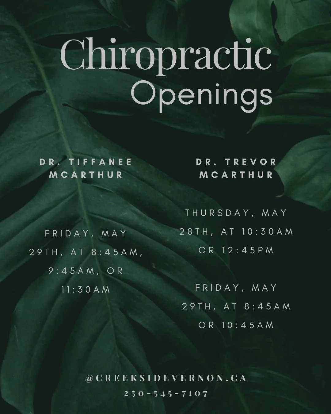 Check out our chiropractic availability this week!
Openings with both Dr. Tiffanee McArthur and Dr. Trevor McArthur 

Call us today to book in! Or you can go online @CreeksideVernon.ca
☎️250-545-7107