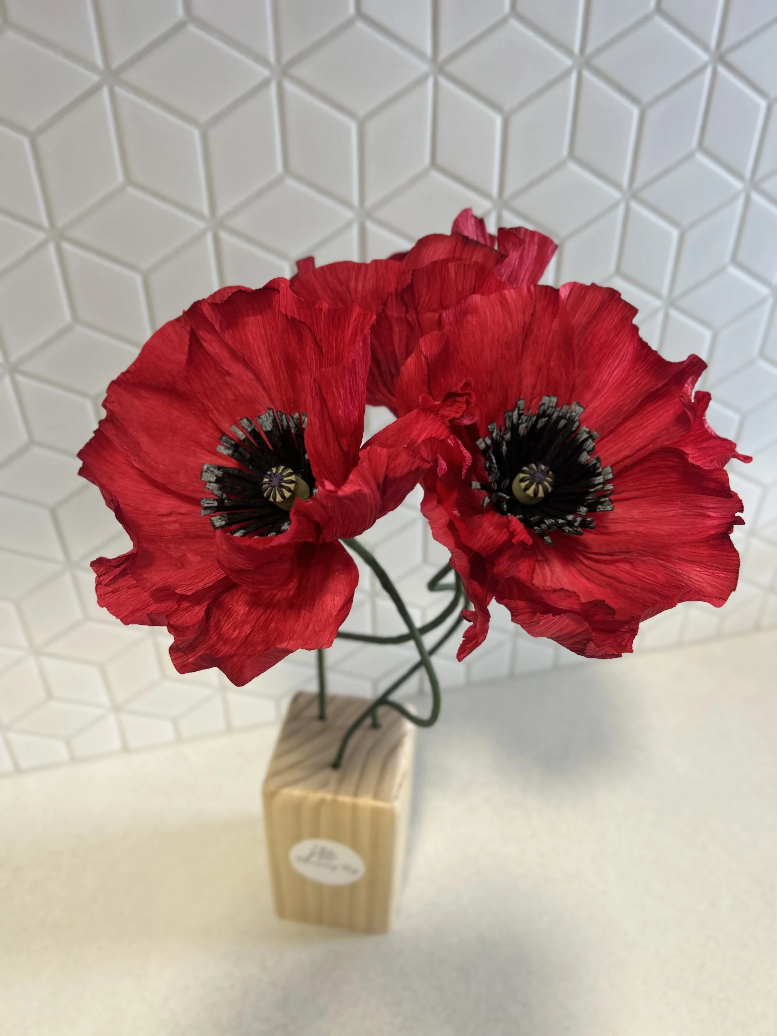 Set of 3 Large Red Poppies with Wooden Block Holder