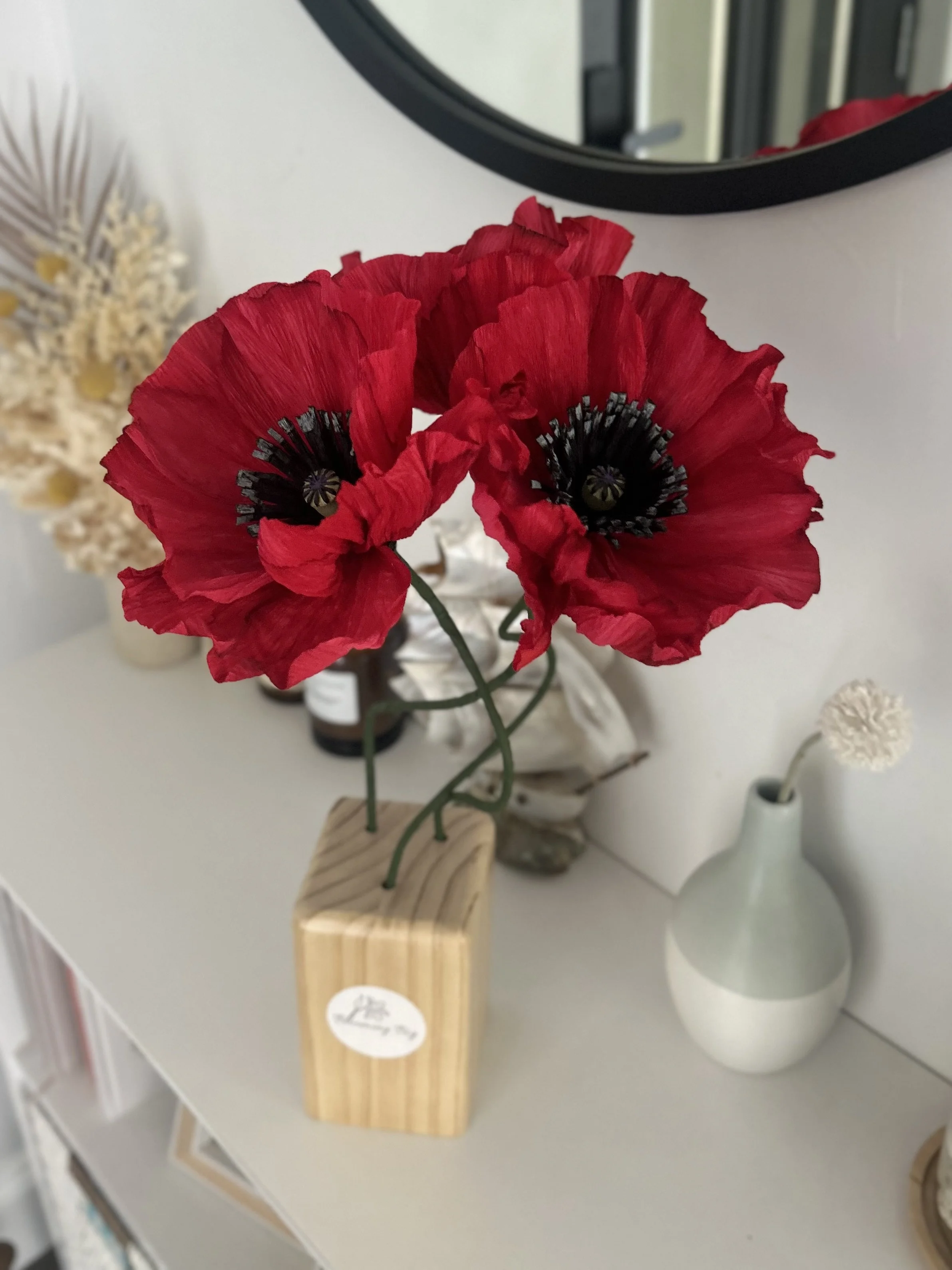 Set of 3 Small Red Poppies with Wooden Block Holder