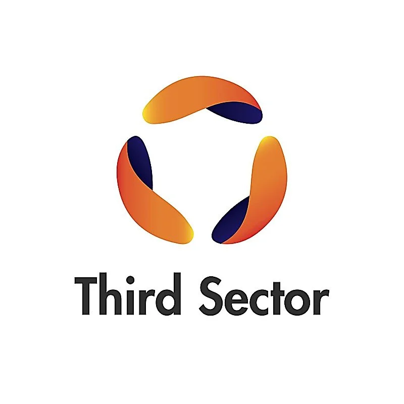 Logo with an abstract circular design in orange, yellow, and dark blue, and the text "Third Sector" underneath.