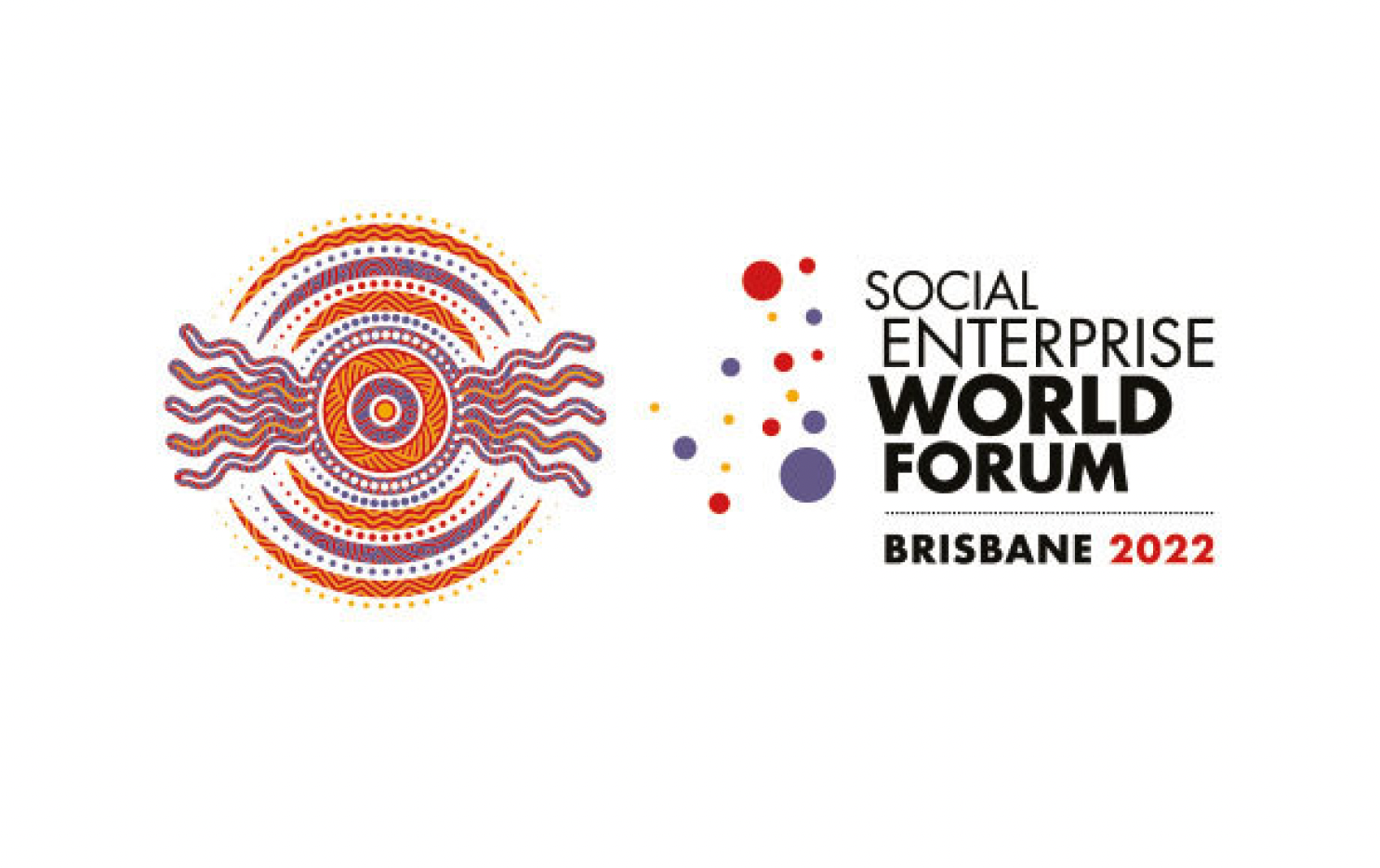 Design for the Social Enterprise World Forum 2022 in Brisbane, featuring colorful concentric circles and wavy lines on the left, with the event name and date on the right.